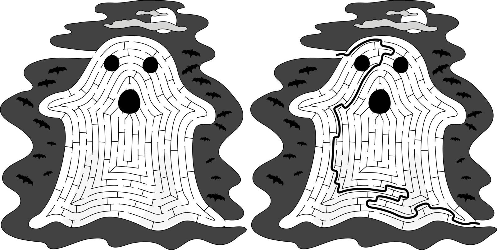 Ghost maze for kids with a solution in black and white