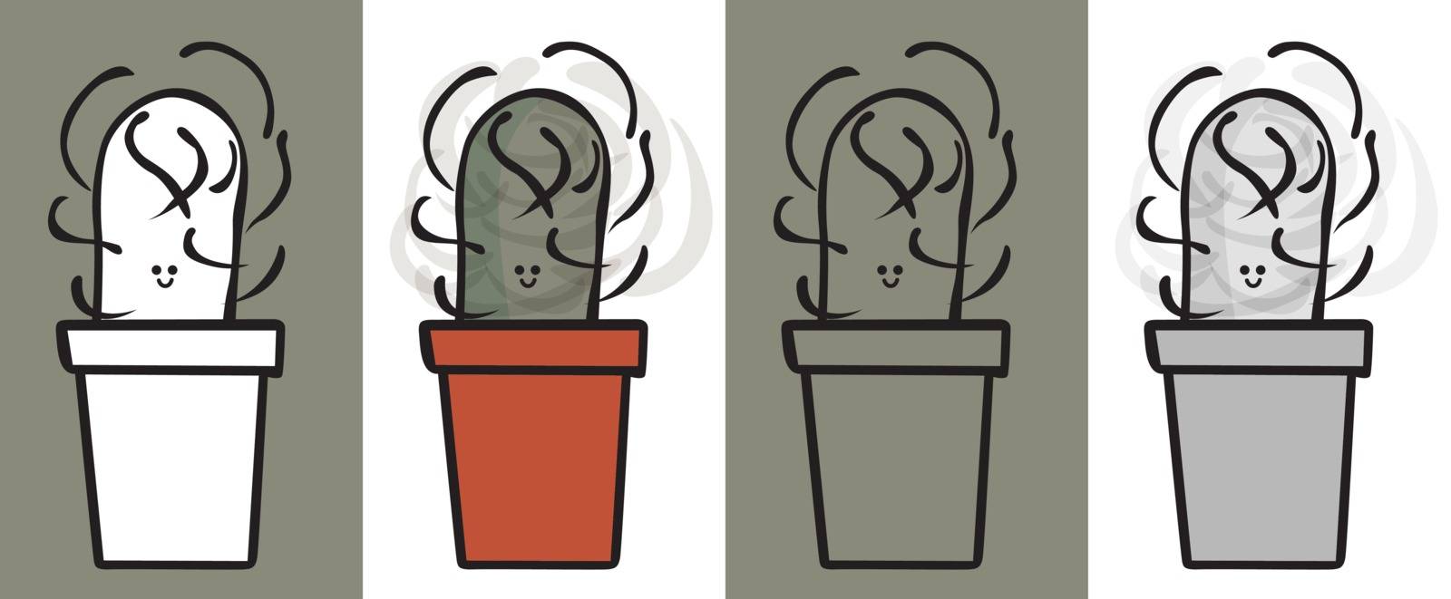 Illustrated cactus cartoon plant in black and white, color, outline and gray and black