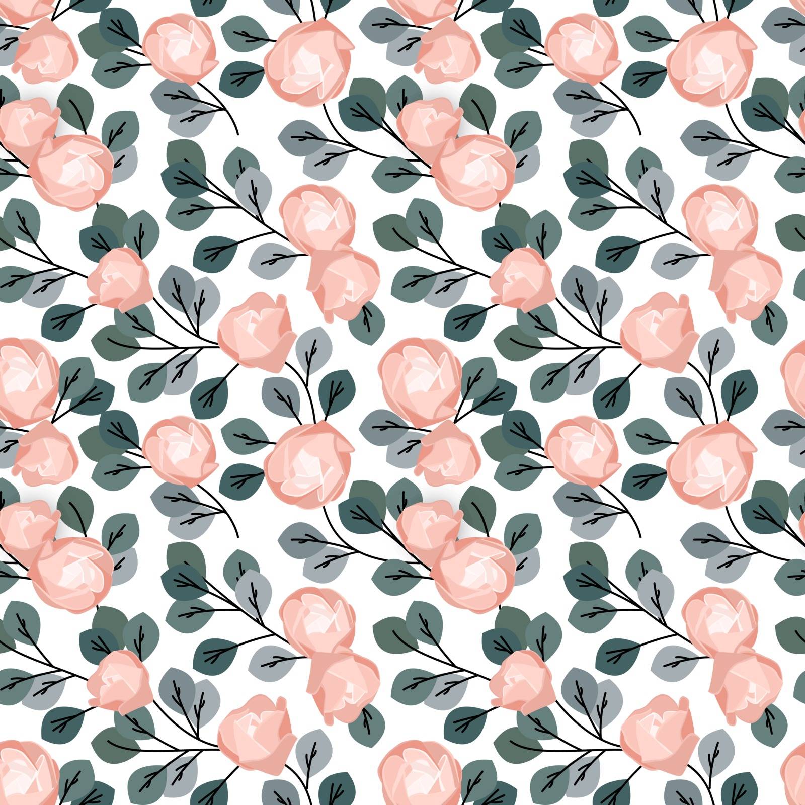 Vector illustration of a seamless pattern of roses with leaves. Natural background
