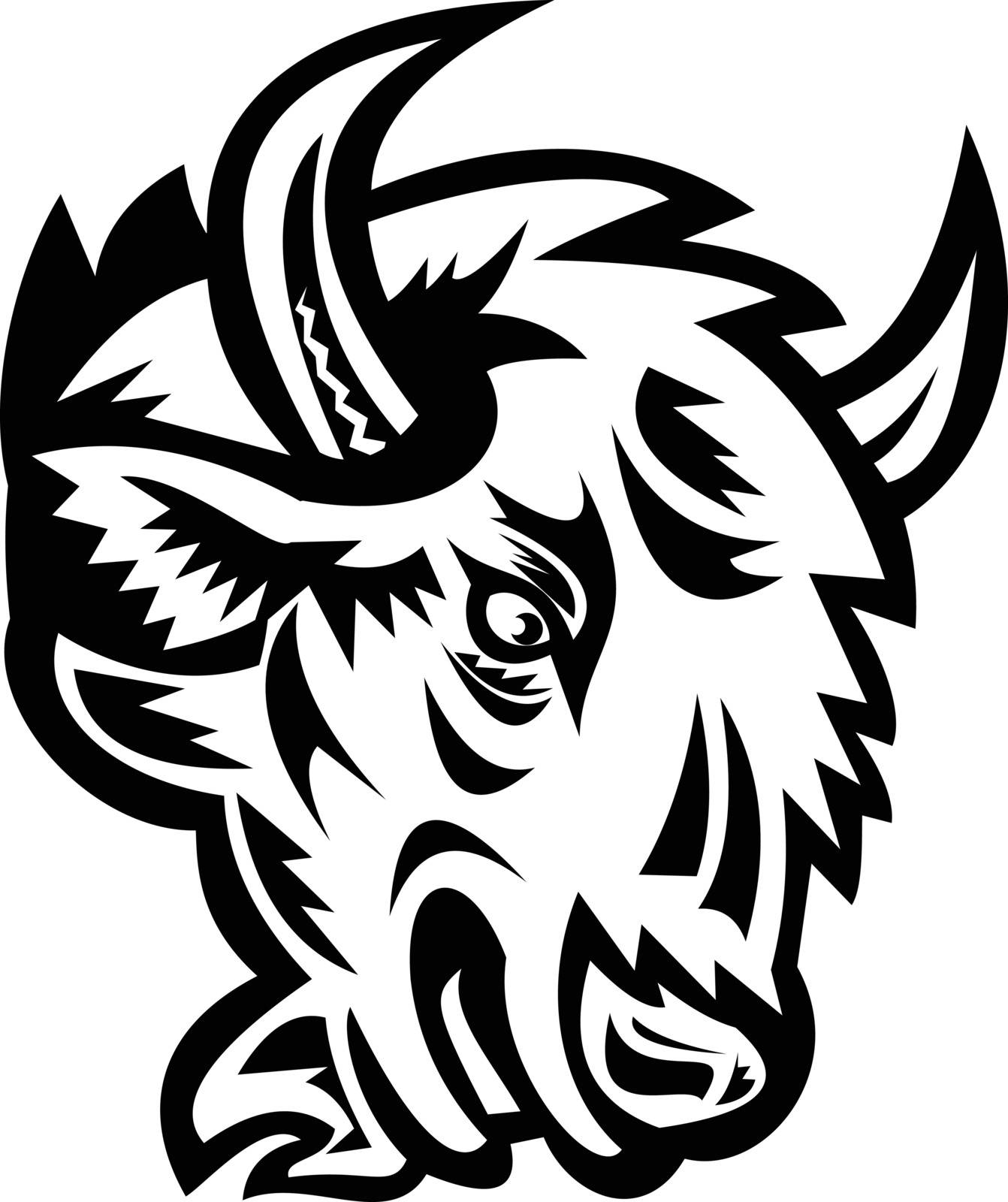 Mascot illustration of head of an angry North American bison or American buffalo viewed from side on isolated background in retro black and white style.