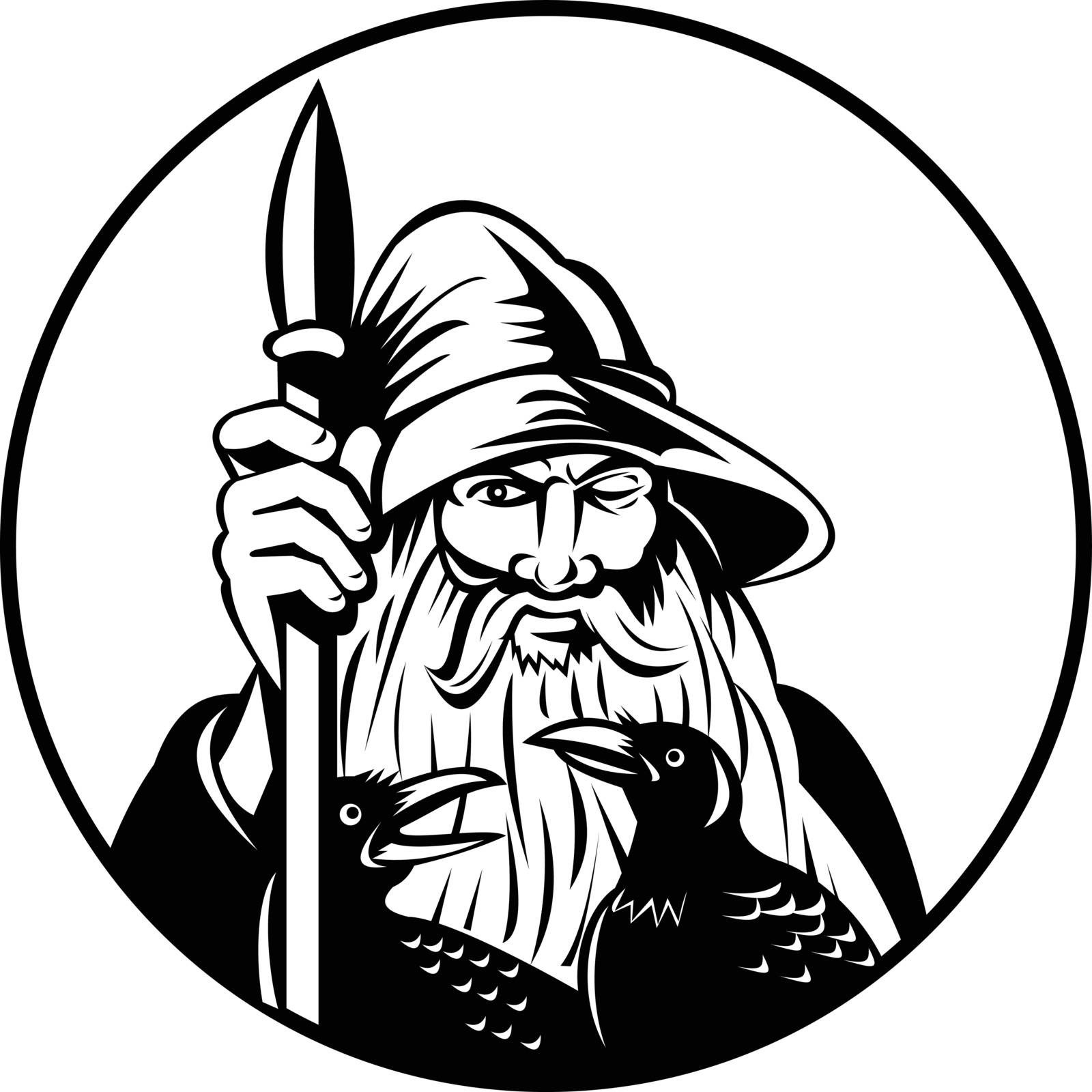 Retro style illustration of Odin, god of war and of the dead in Germanic and Norse mythology, with his ravens and holding a staff or spear inside circle on isolated background in black and white.