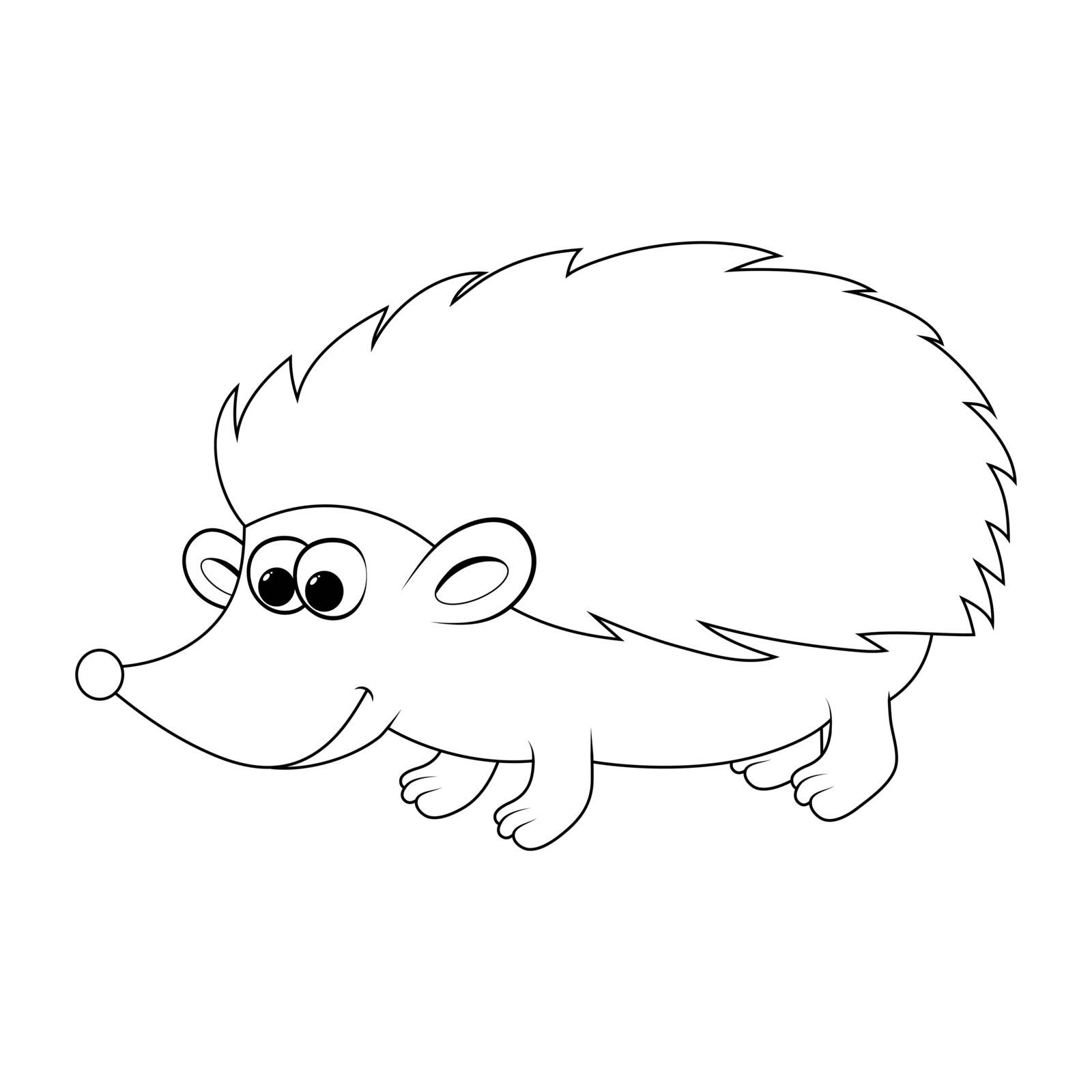 Hedgehog outline isolated on white. Contour autumnal shape for kids. Vector smiling animal for autumn design.  Cartoon happy pet illustration. Funny mammal mascot with sharp spikes. 