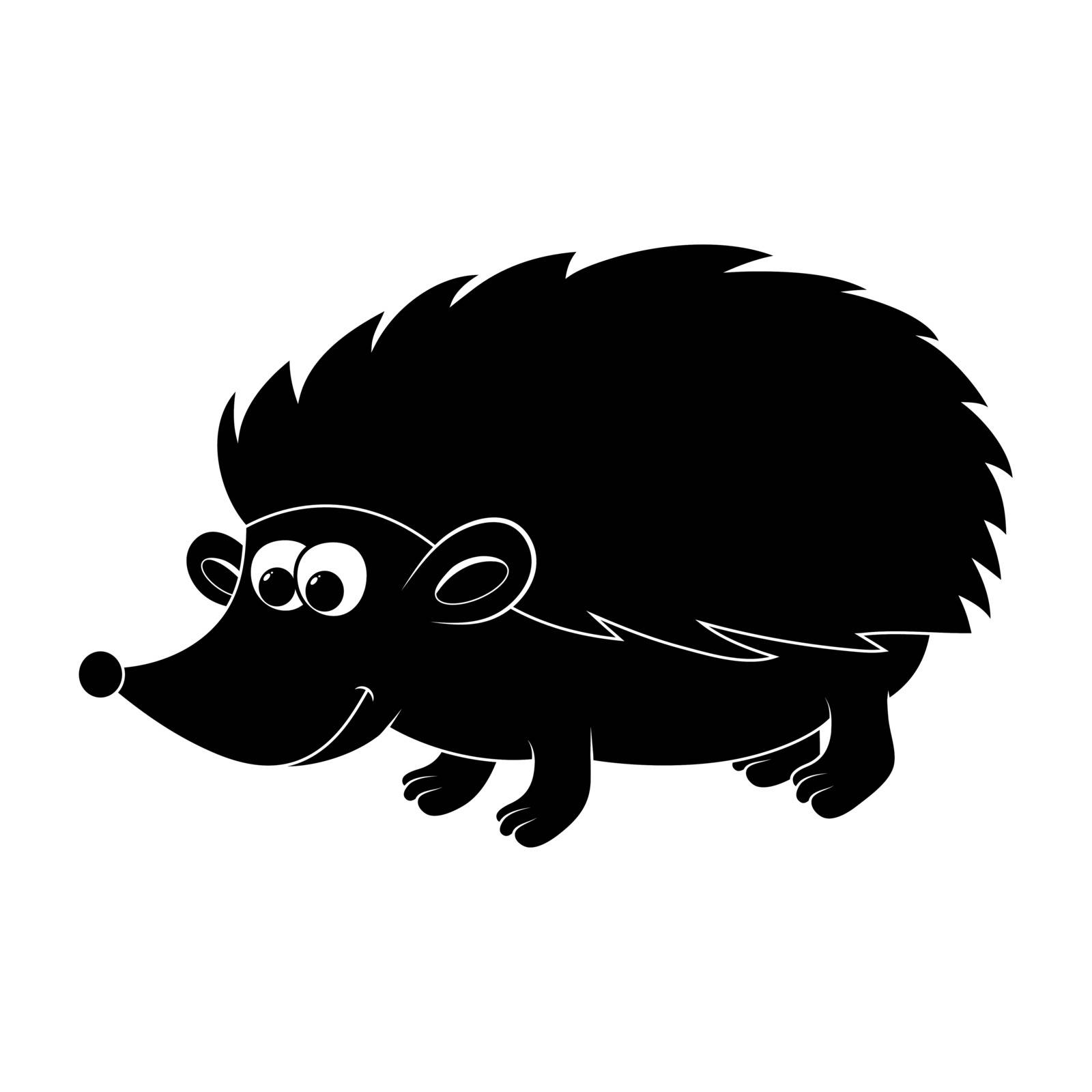 Hedgehog silhouette. Black and white autumnal shape for kids isolated on white. cartoon happy pet illustration. Funny mammal mascot with sharp spikes. Vector young animal for autumn design. 