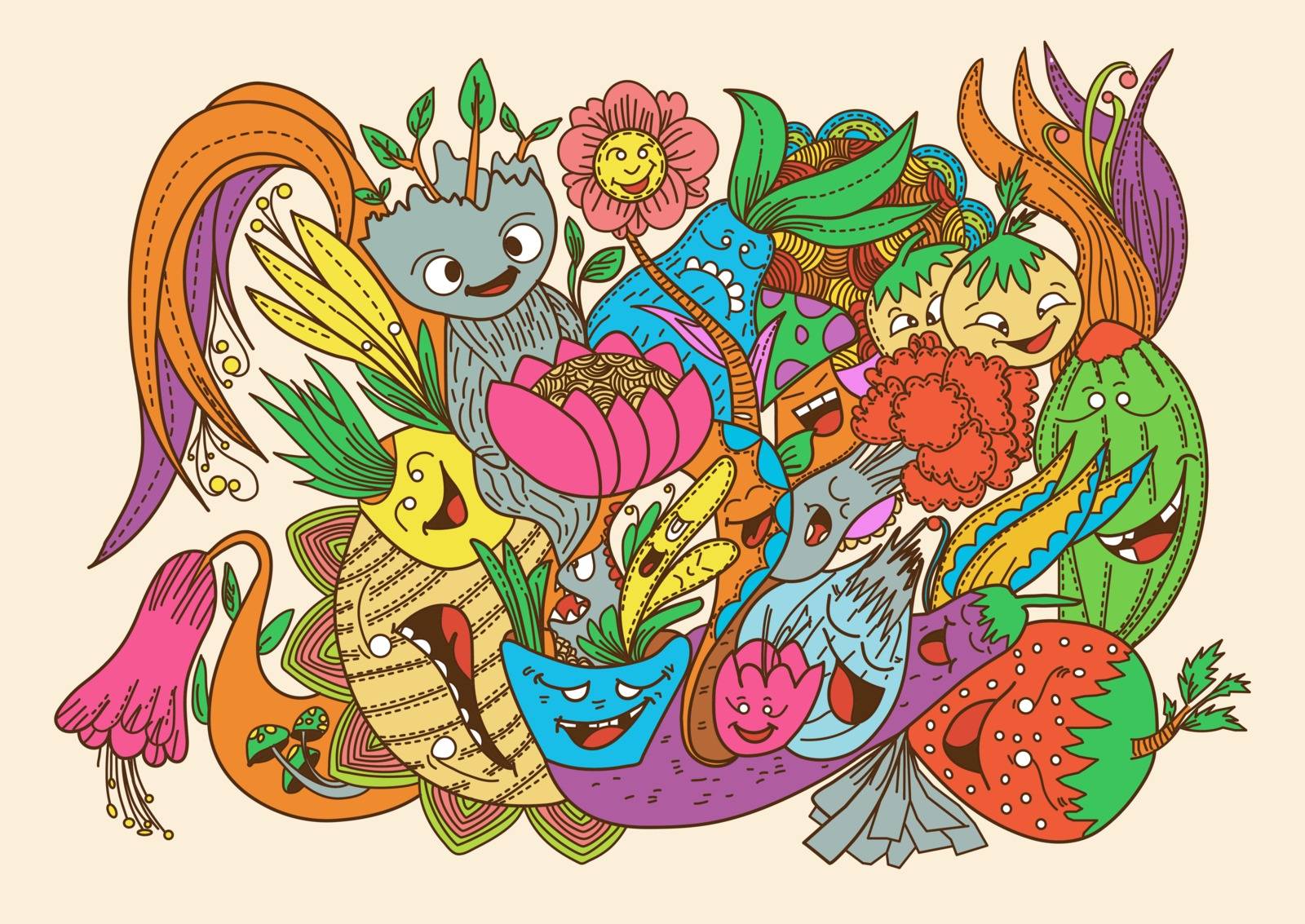 Vector illustration with hand drawn doodle cute Monster and nature elements by ANITA