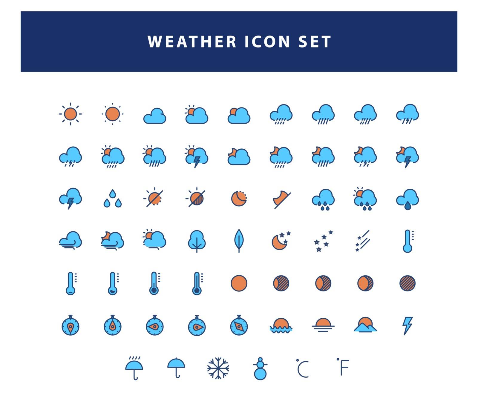 set of weather icon with filled outline style design vector