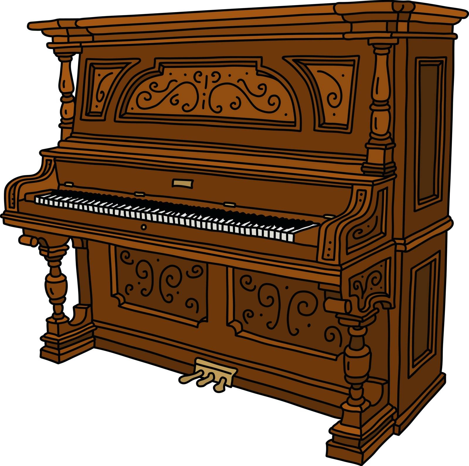 The vectorized hand drawing of a vintage wooden opened pianino