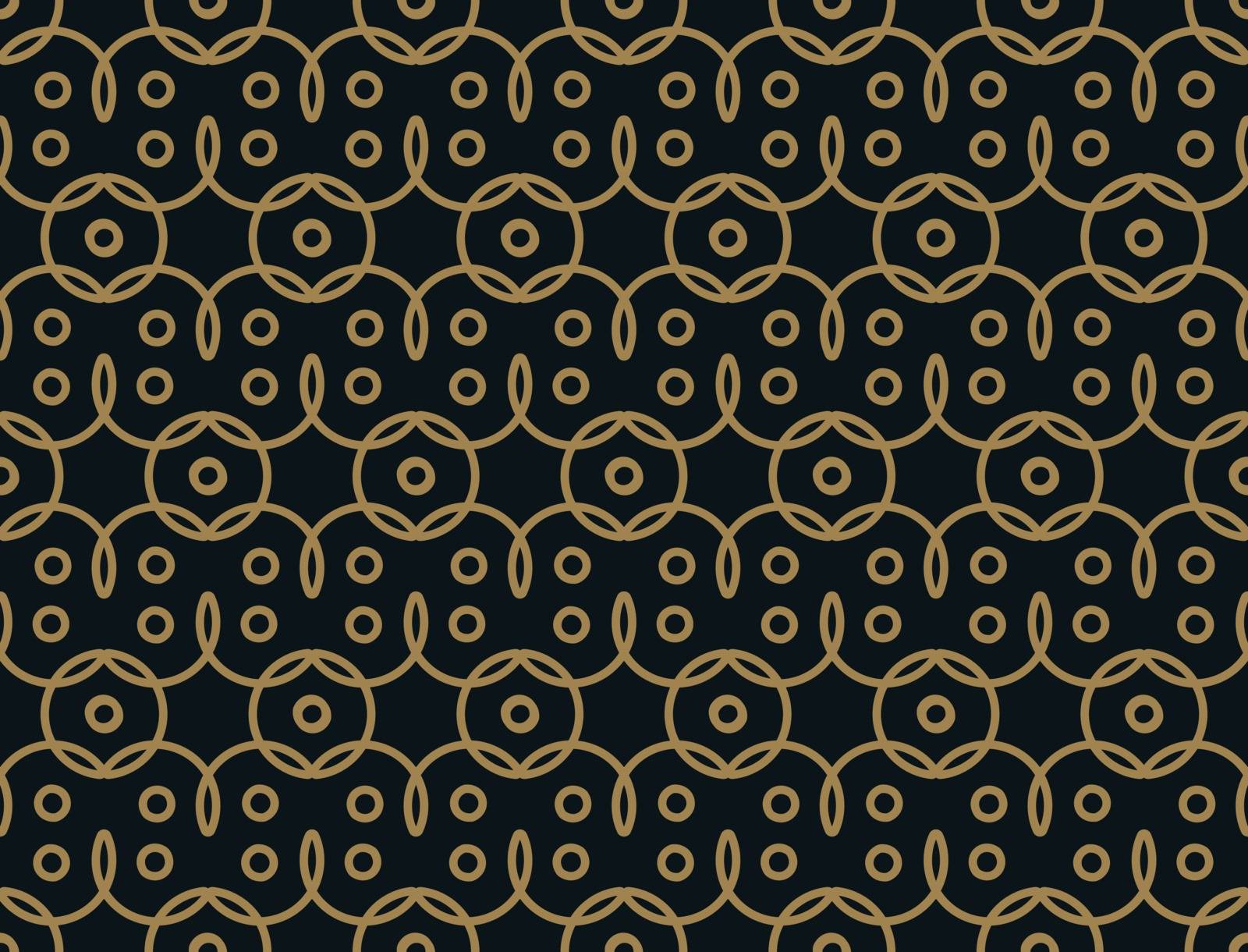 Seamless linear pattern with thin elegant curved lines and scrolls forming floral ornamental wallpaper. Abstract texture on gold black backdrop.