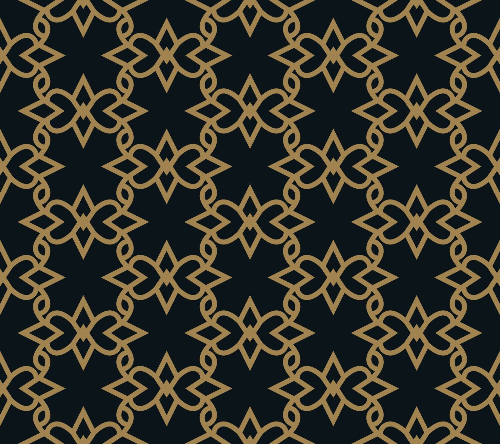 Seamless pattern of intersecting thin gold lines on black background. Abstract seamless ornament.