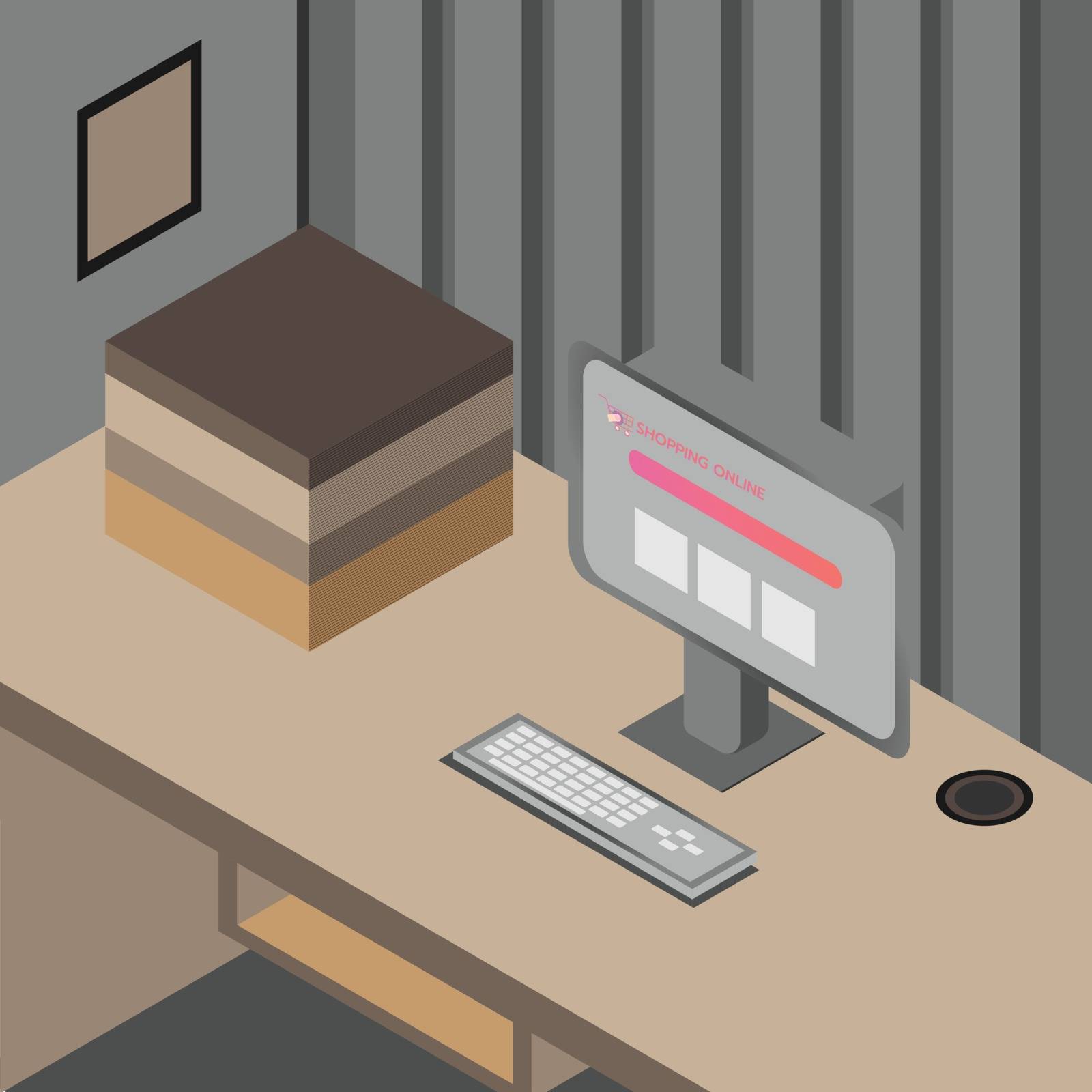 Art & Illustration about desk for office room or workspace with computer and some book by Pooljan