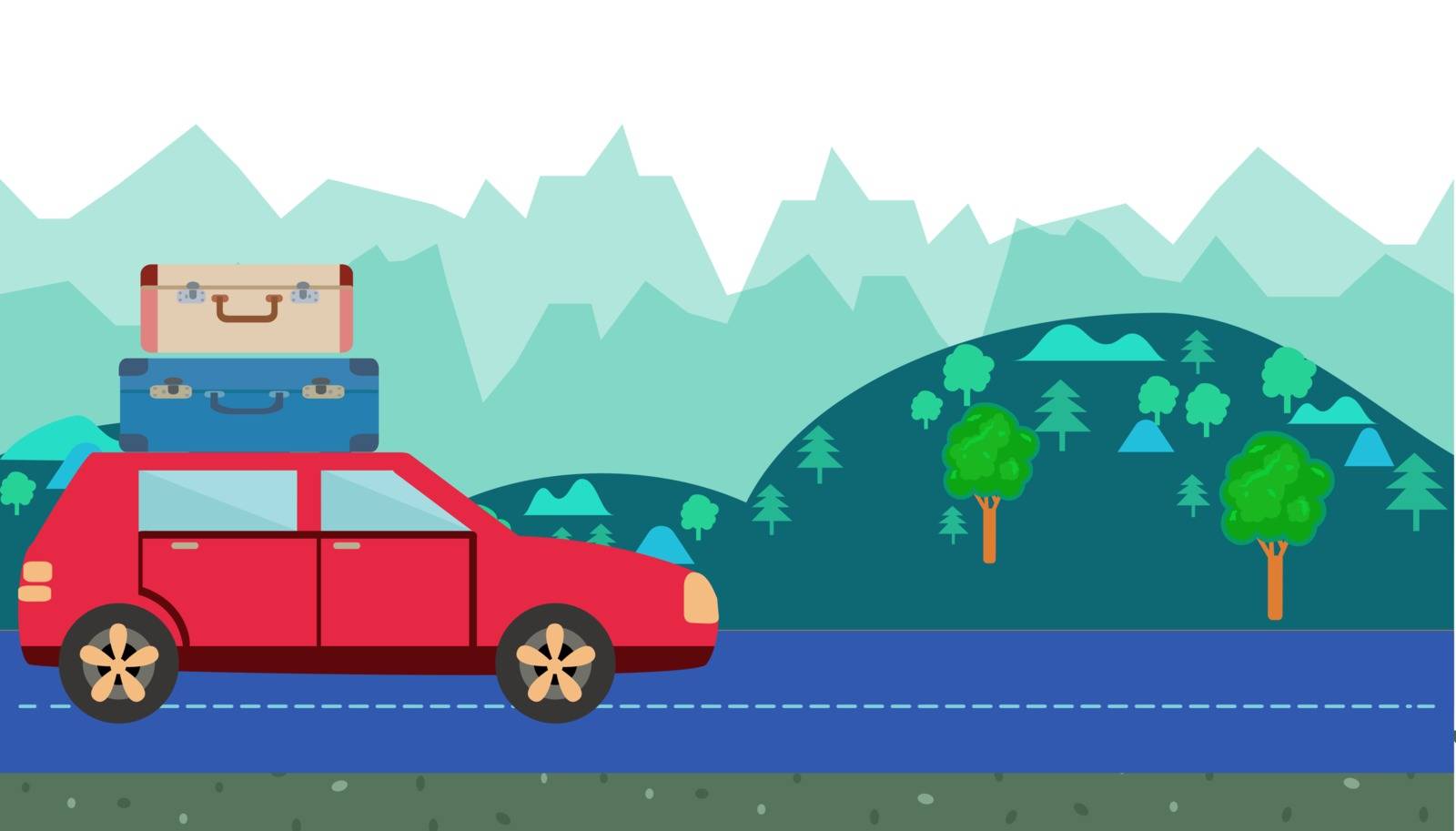 Car with luggage on roof against the background of countryside. hills and trees horizontal banner. Cartoon moving car Vector illustration in cartoon style. 