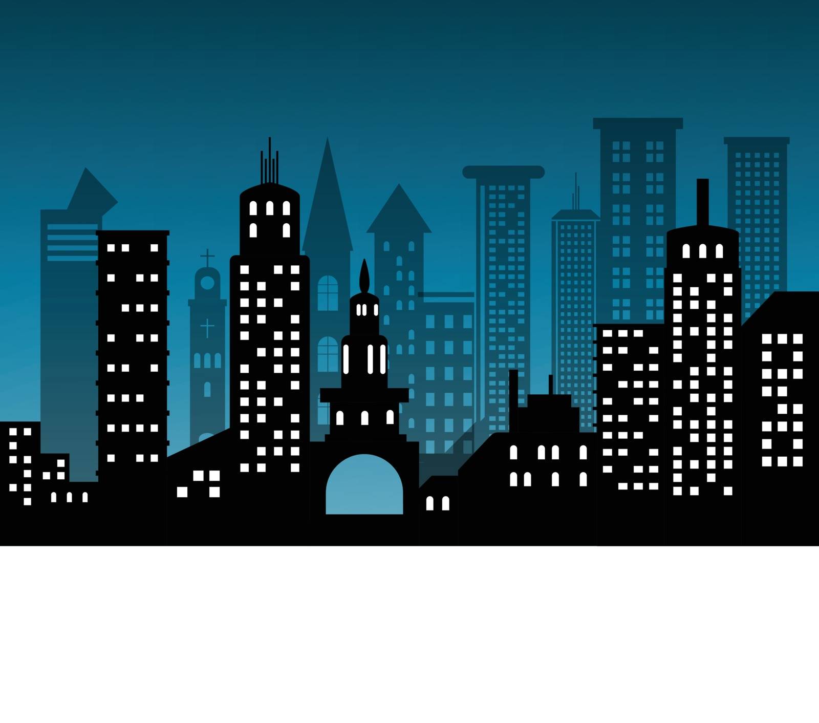 silhouette cityscape architectural building skyscrapers icon. black design flat style on  blue deep background with copy space Illustration vector