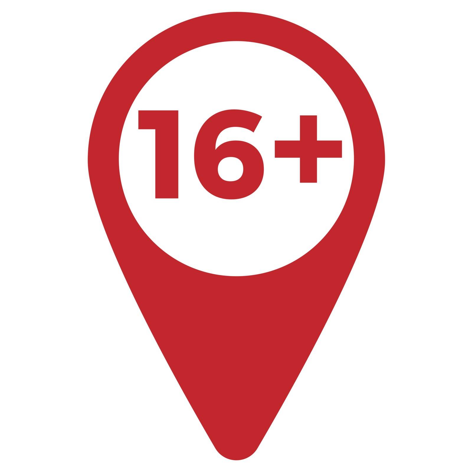 Red drop icon pointer with age limit 16 plus by Asnia