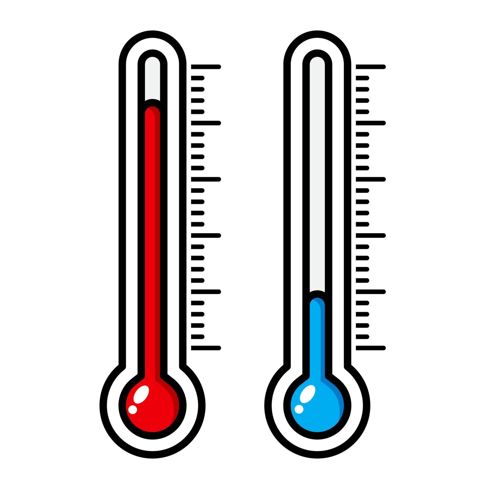 Thermometer cartoon illustration isolated on white. Meteorology thermostat vector icon. Measure level: warm and cold. Temperature measurement. Blue and red weather measuring indicator. 