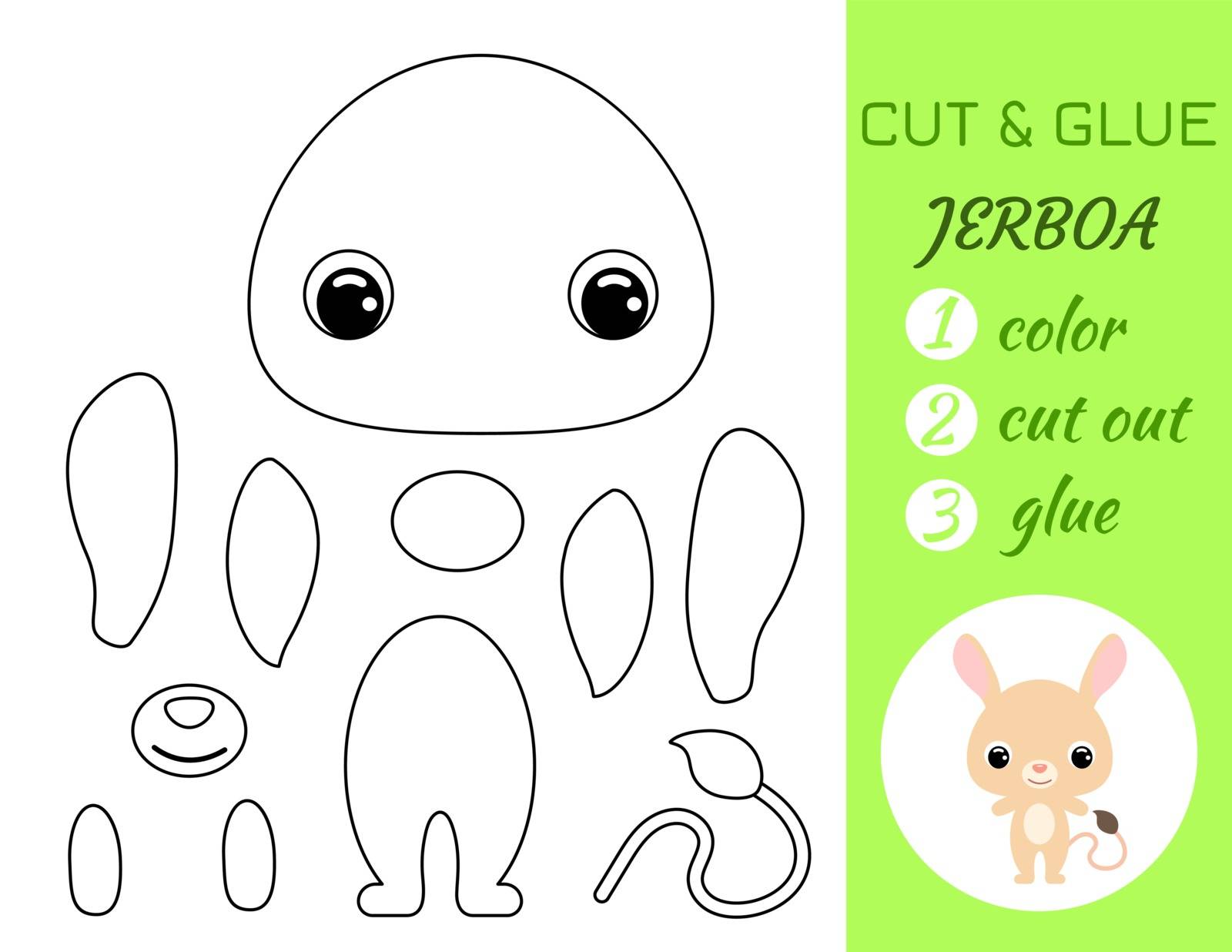 Coloring book cut and glue baby jerboa. Educational paper game for preschool children. Cut and Paste Worksheet. Color, cut parts and glue on paper.Cartoon character. Vector stock illustration.
