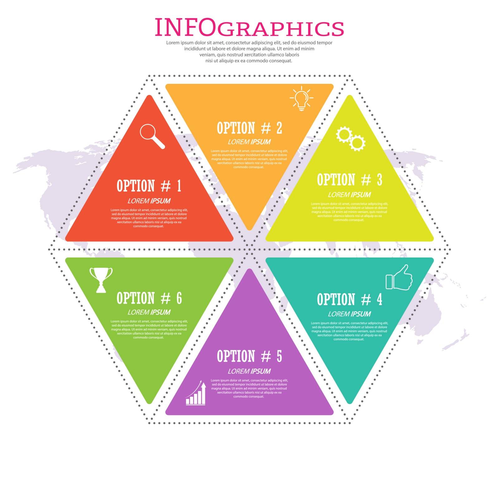 Infographic template with visual icons. 6 stages of business, tr by Grommik