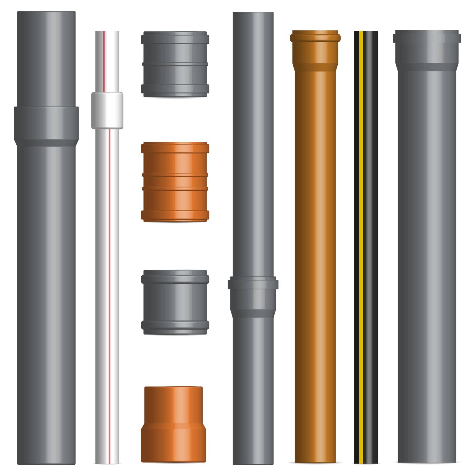 Set of various plastic pipes for sewage, water pipe with connecting flanges isolated on a white background. Front view, vector illustration.