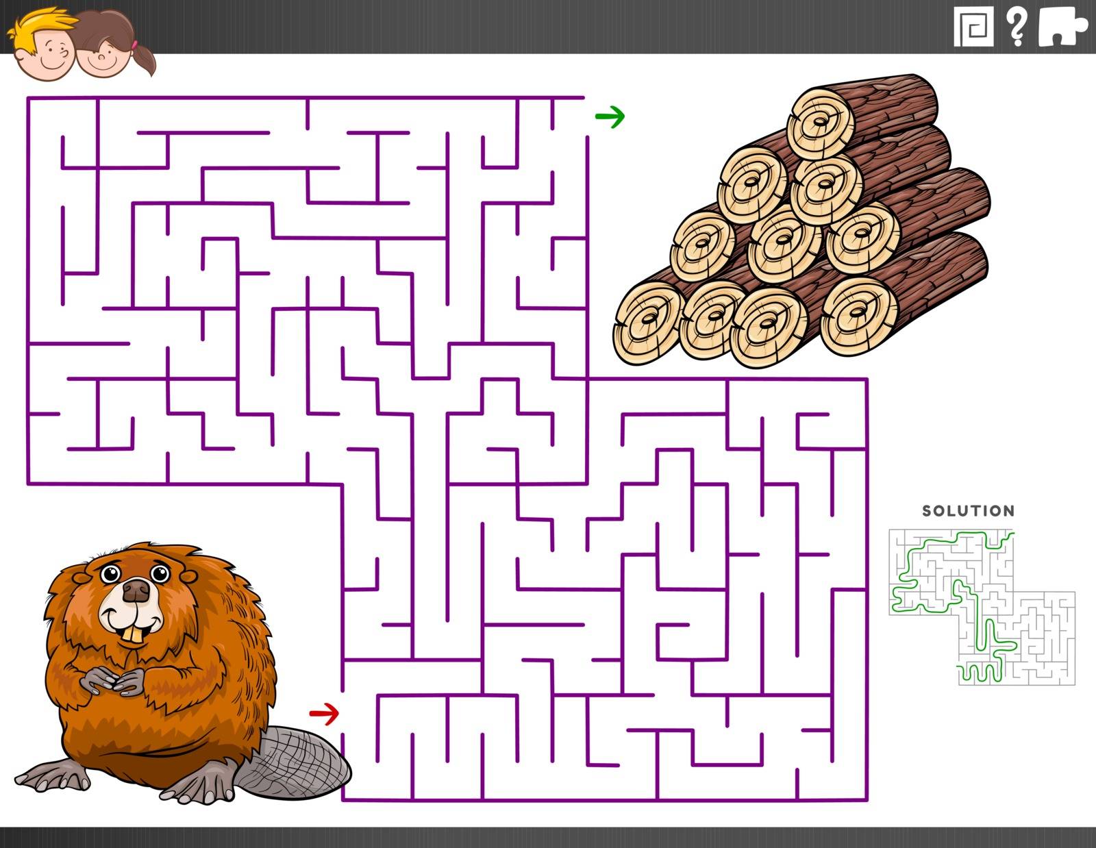 Cartoon Illustration of Educational Maze Puzzle Game for Children with Beaver and Wood Logs