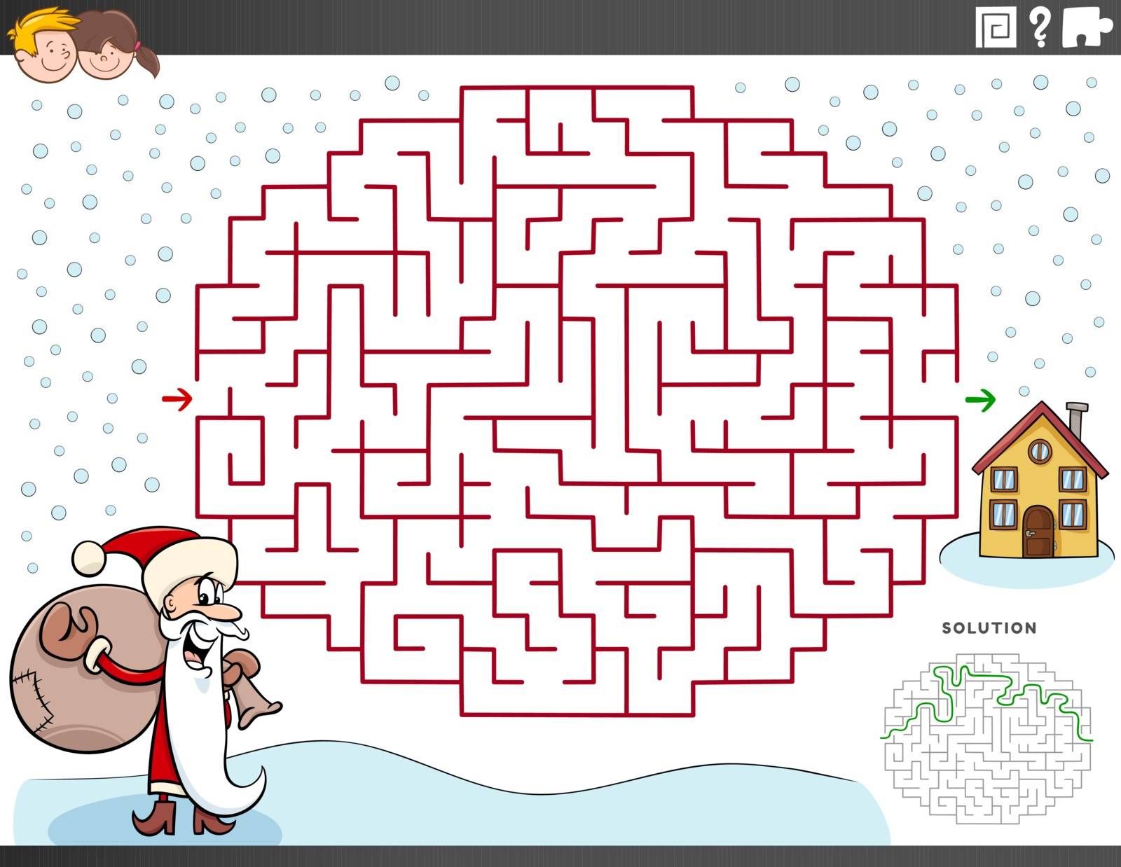 Cartoon Illustration of Educational Maze Puzzle Game for Children with Santa Claus on Christmas Time