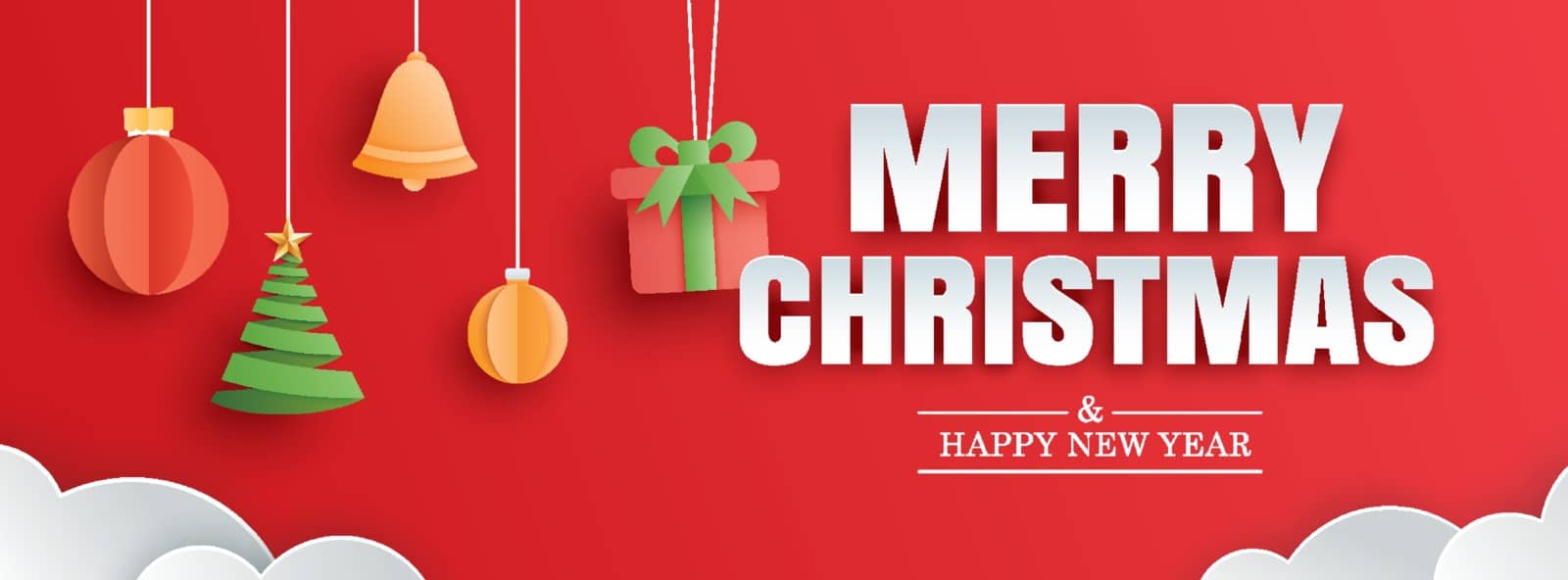 Merry christmas and happy new year red greeting card in paper art banner template. Use for header website, cover, flyer.