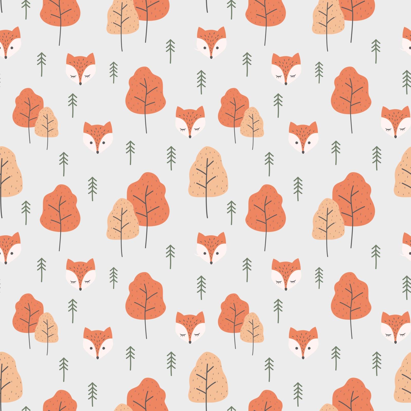 Autumn pattern design with fox and trees, orange and red color