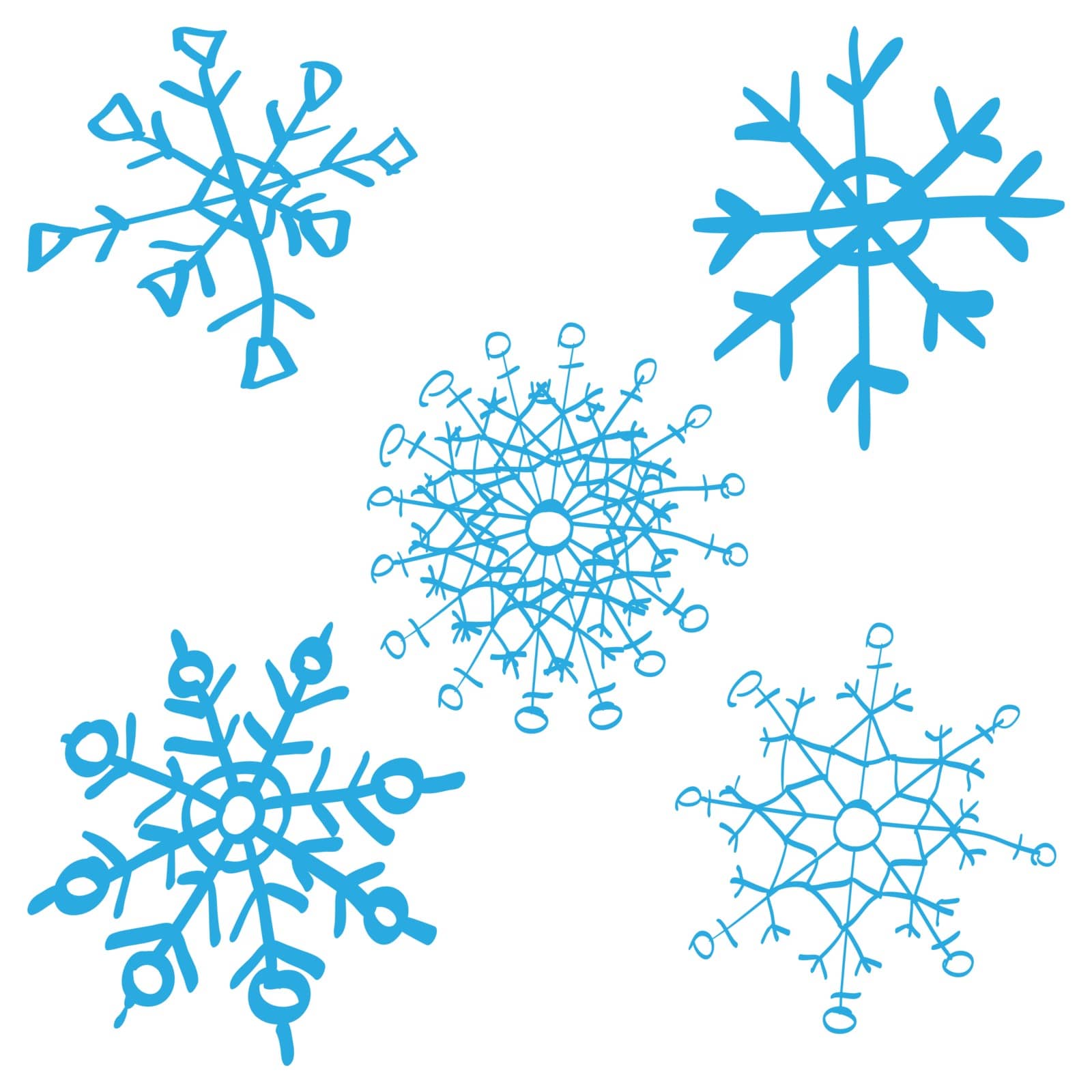 Blue handdrawn snowflake isolated on white background. Flat icon with christmas and winter theme. Simple snow symbol illustration. by Asnia