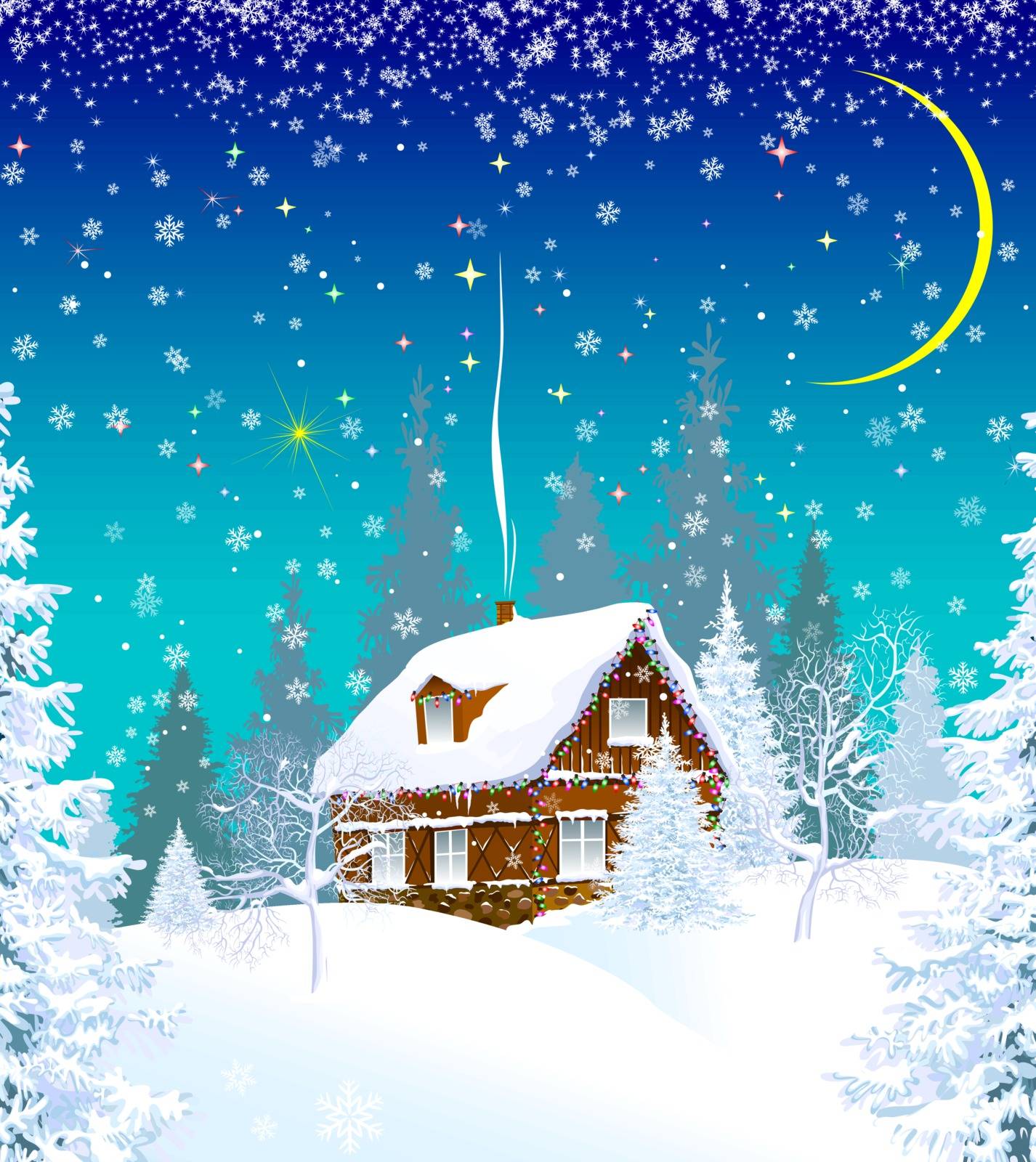 House in a snowy forest, decorated with a garland. Winter Christmas night. Christmas star in the sky.