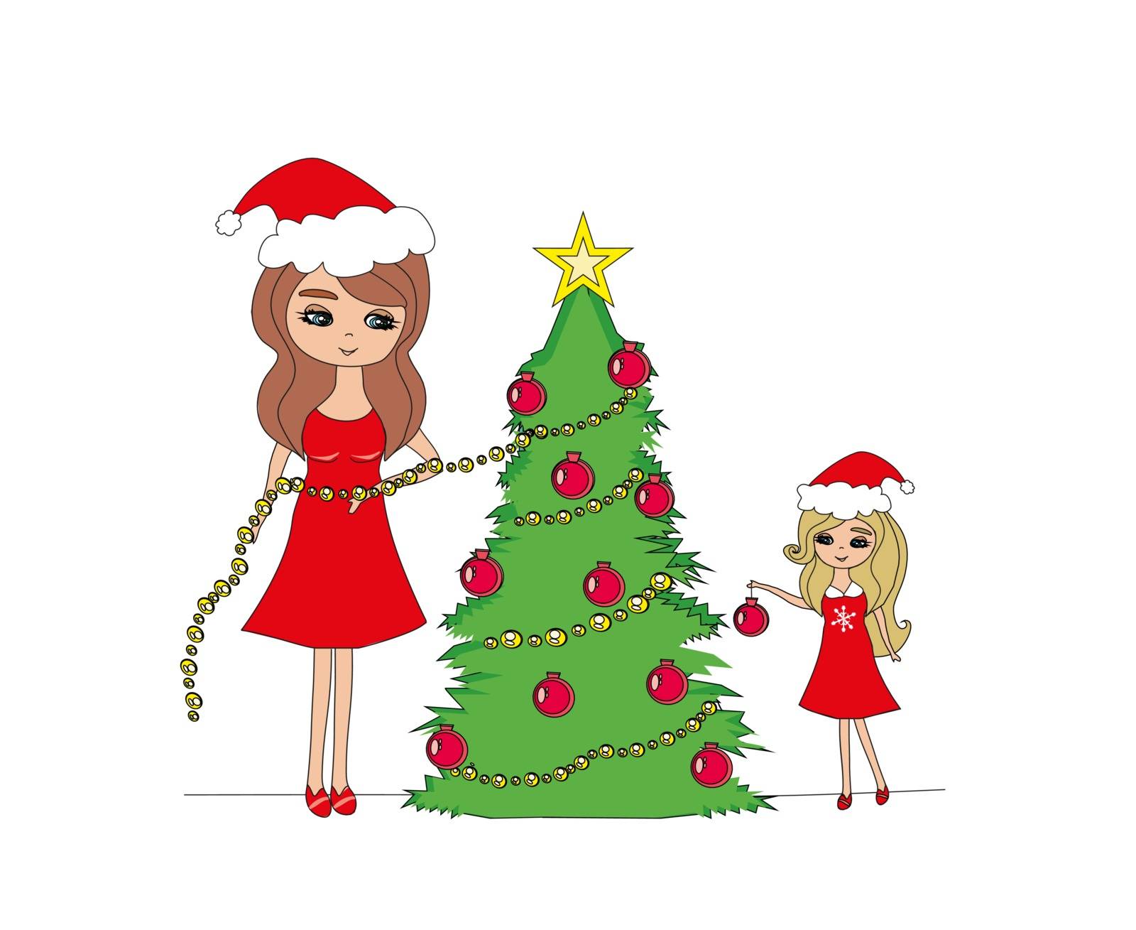 mother and daughter decorate the Christmas tree together