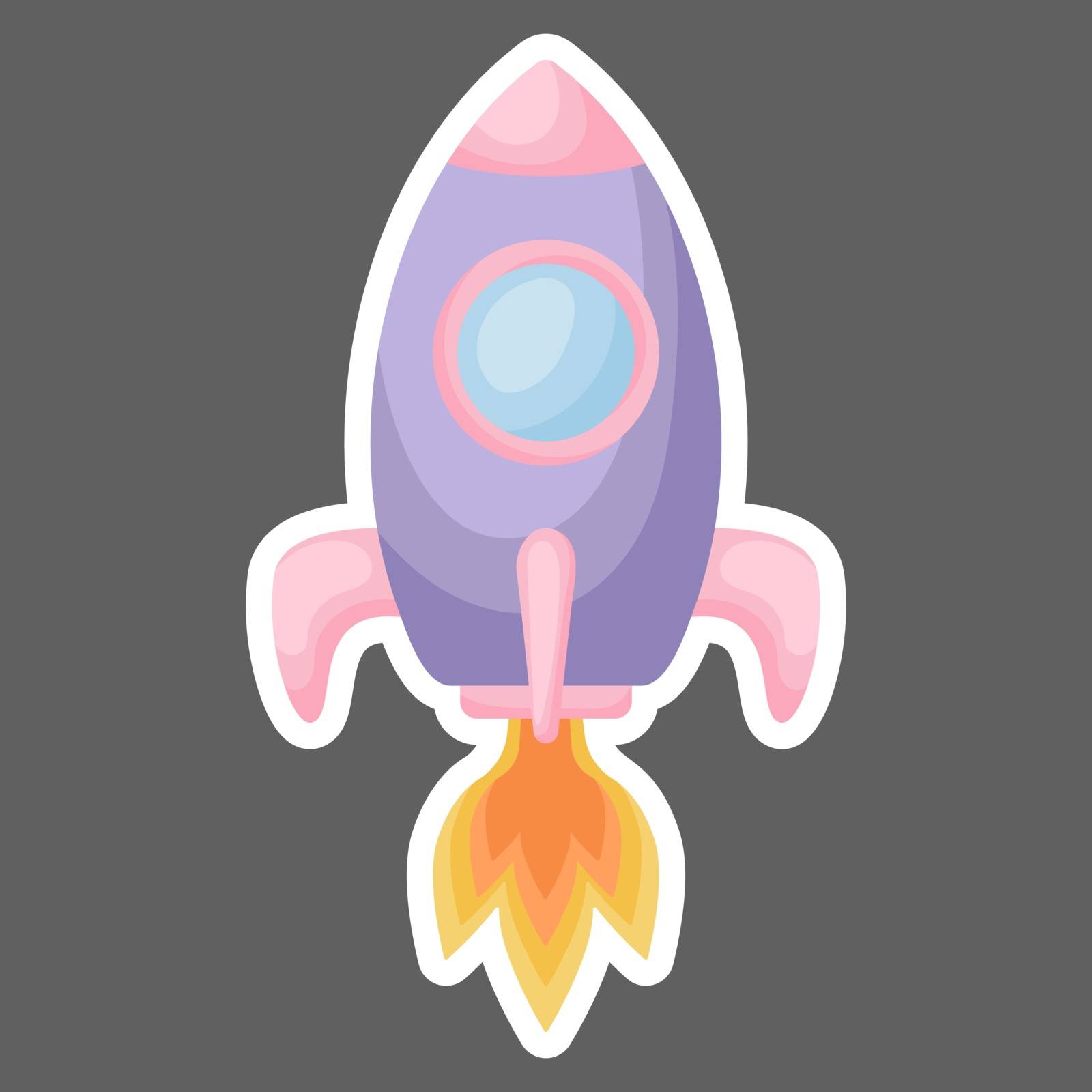 Bright cartoon purple-pink rocket with fire trace launched into space for design of notebook, cards, invitation. Cute sticker template decorated with cartoon image. Colorful vector stock illustration.