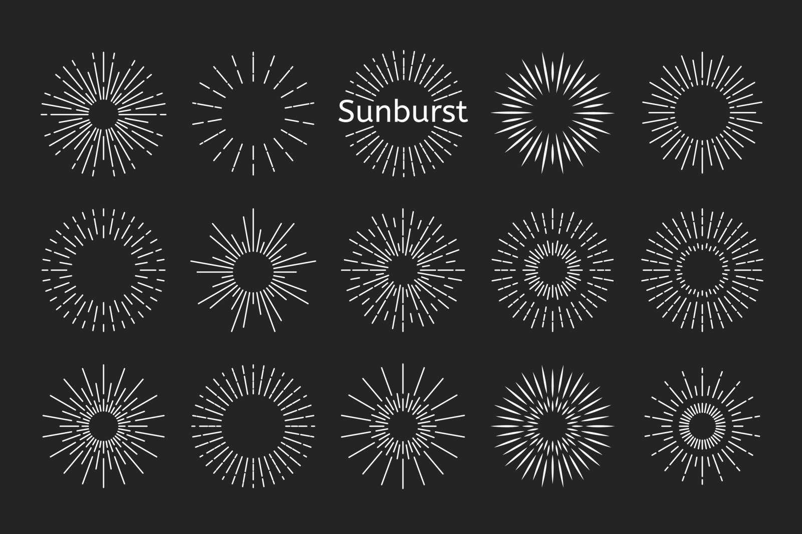 Sunburst beams logo. Sun burst doodle beam. Radial sunrise vector icon set by Elena_Garder
