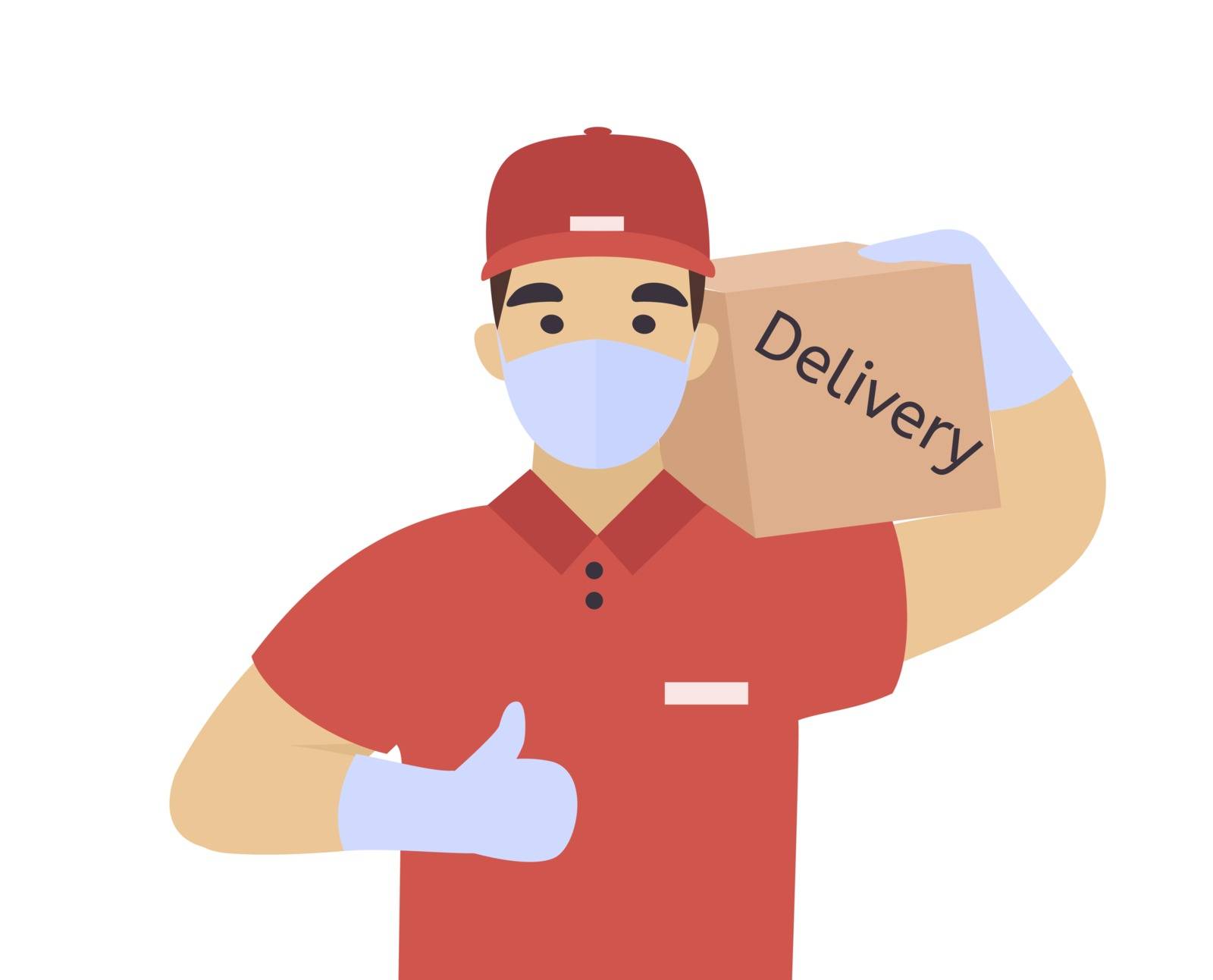 Courier. Safe food and goods delivery. Delivery man wearing face mask and gloves. Restaurant food service. Covid-19 quarantine