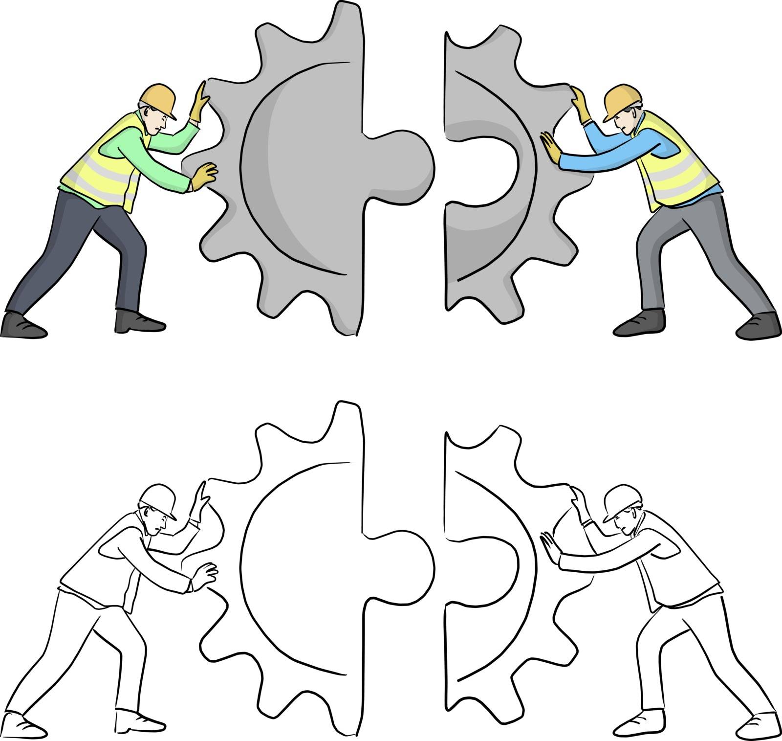 engineer put the geer jigsaw puzzle together vector illustration sketch doodle hand drawn with black lines isolated on white background. Teamwork concept.