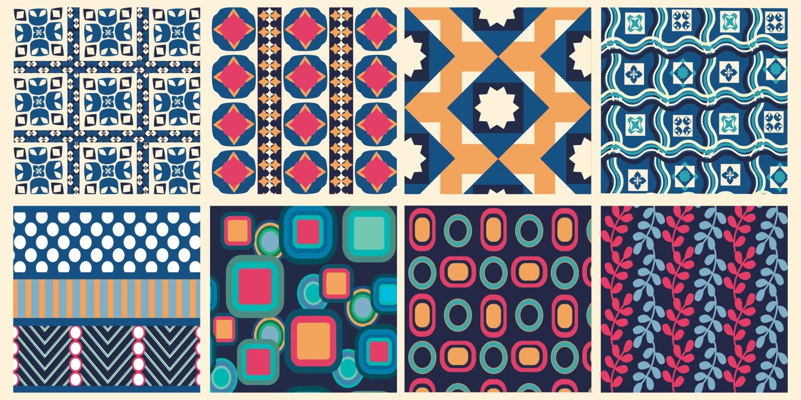 Vector Set of abstract geometric seamless patterns artwork, decorative seamless backgrounds. Repeating graphic texture, wallpaper collection, design for fabric or paper print.