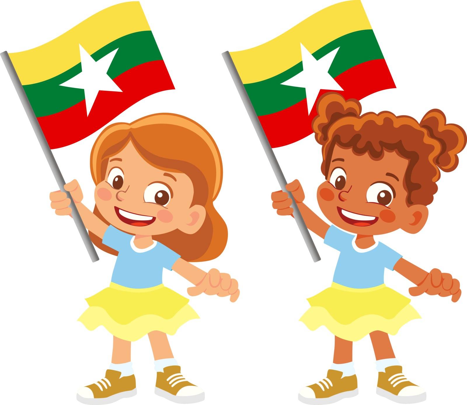 Burma flag in hand. Children holding flag. National flag of Burma vector
