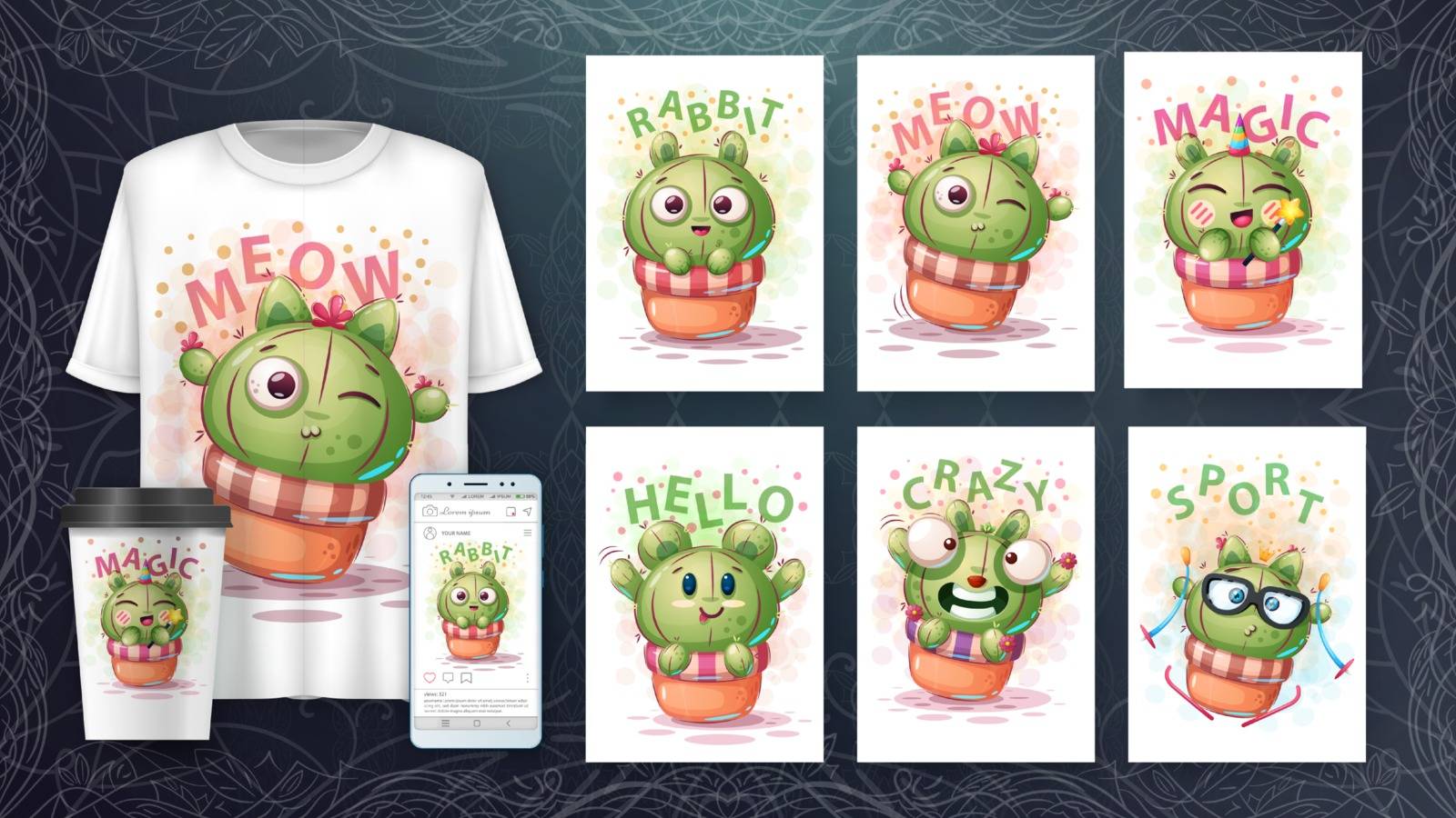 Sweet cactus poster and merchandising. Vector eps 10