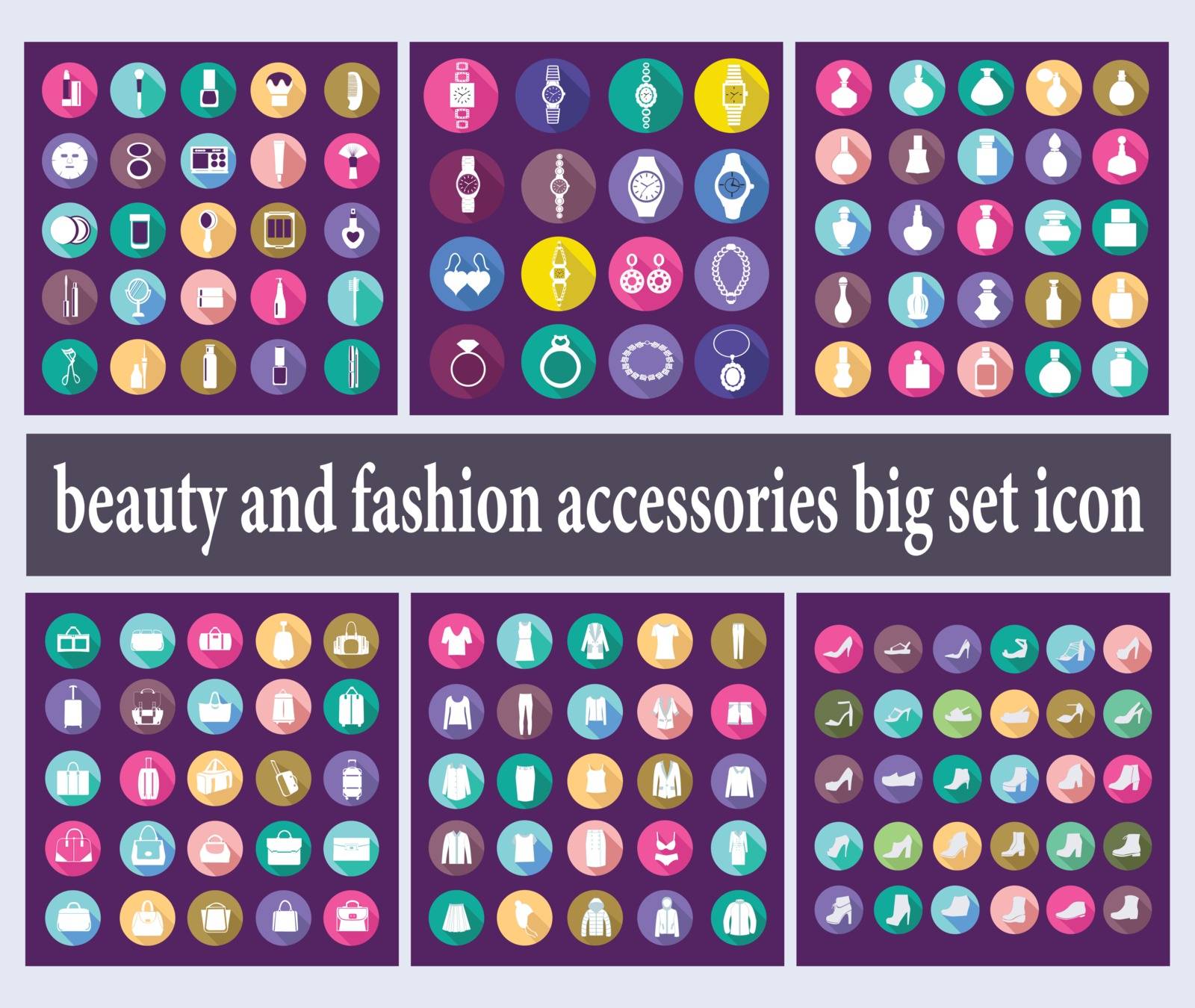 Vector big set of Shopping symbols of woman fashion clothes, jewelry, accessories and Cosmetic beauty items in flat style. 