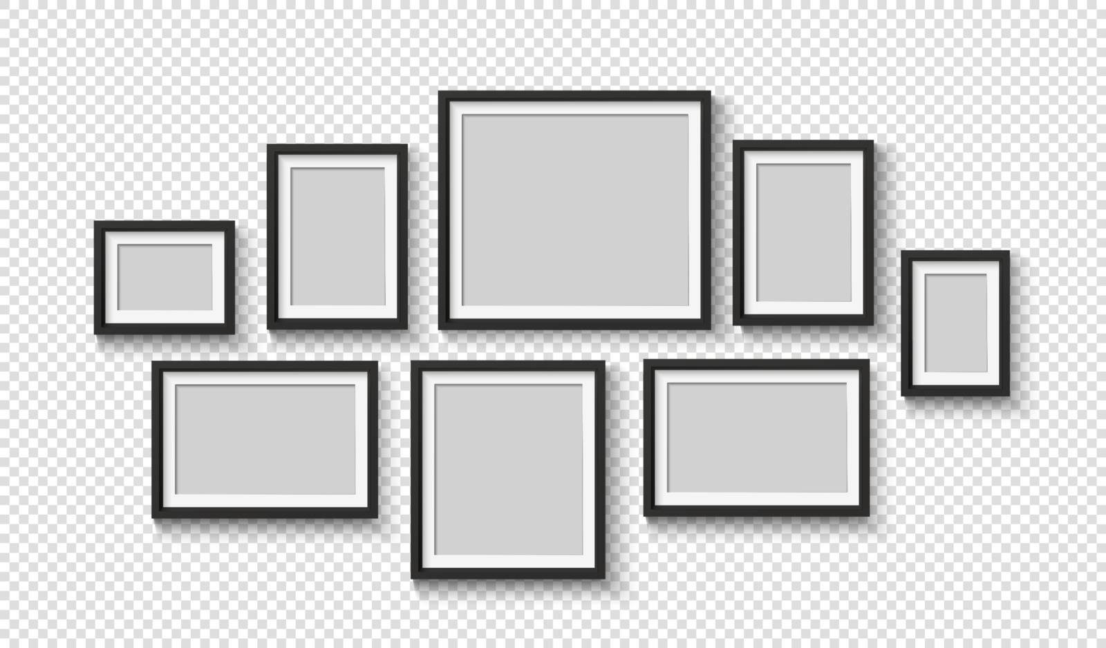 Black blank photo frame set. Vector empty pictures on wall. Square and rectangle art gallery poster by Elena_Garder