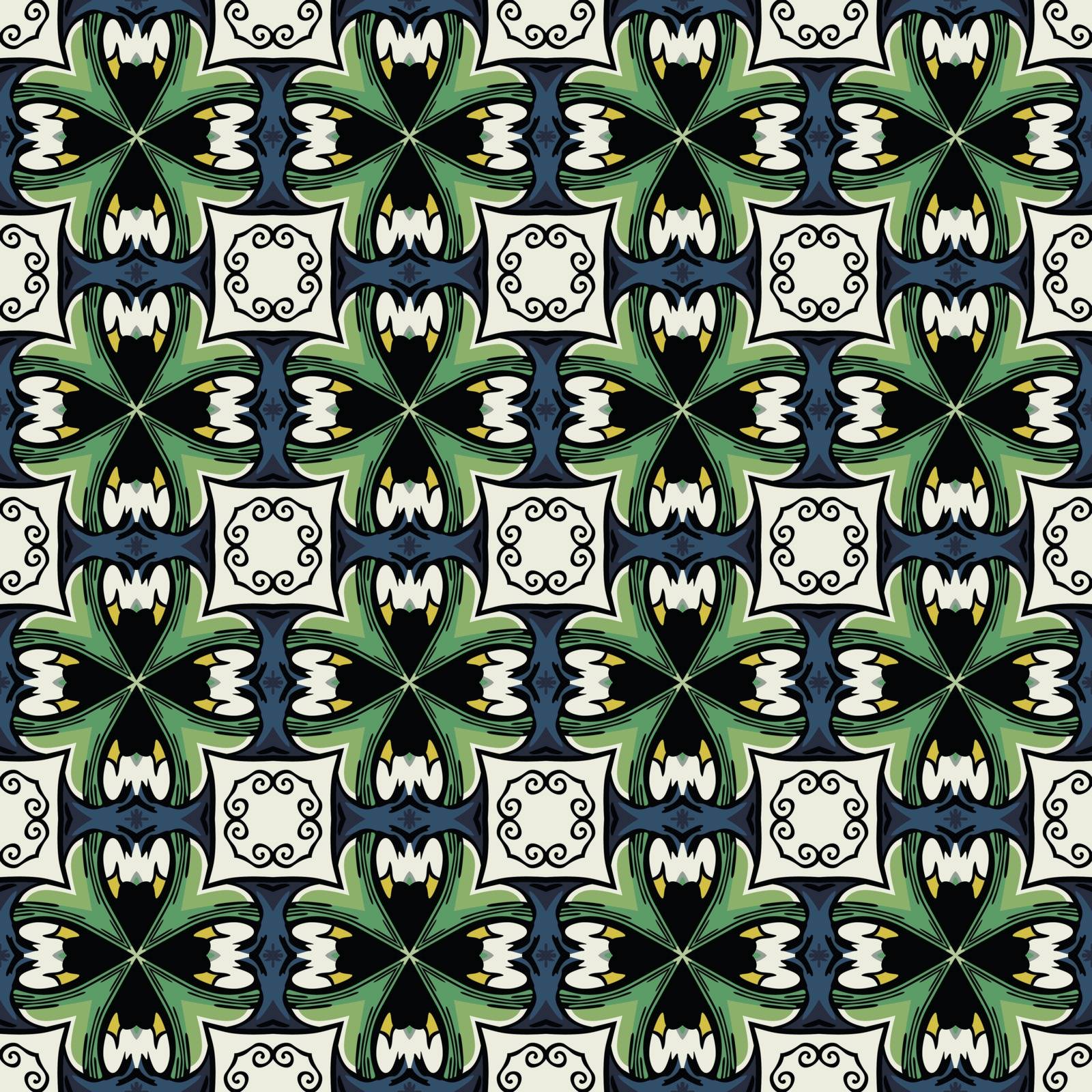 Seamless illustrated pattern made of abstract elements in white, blue, green, yellow and black