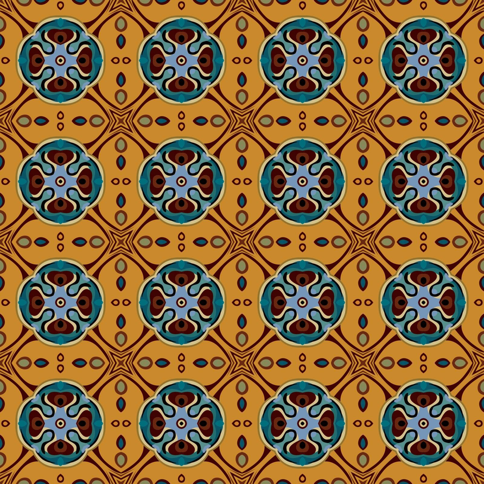 Seamless illustrated pattern made of abstract elements in yellow, orange, brown, blue and black