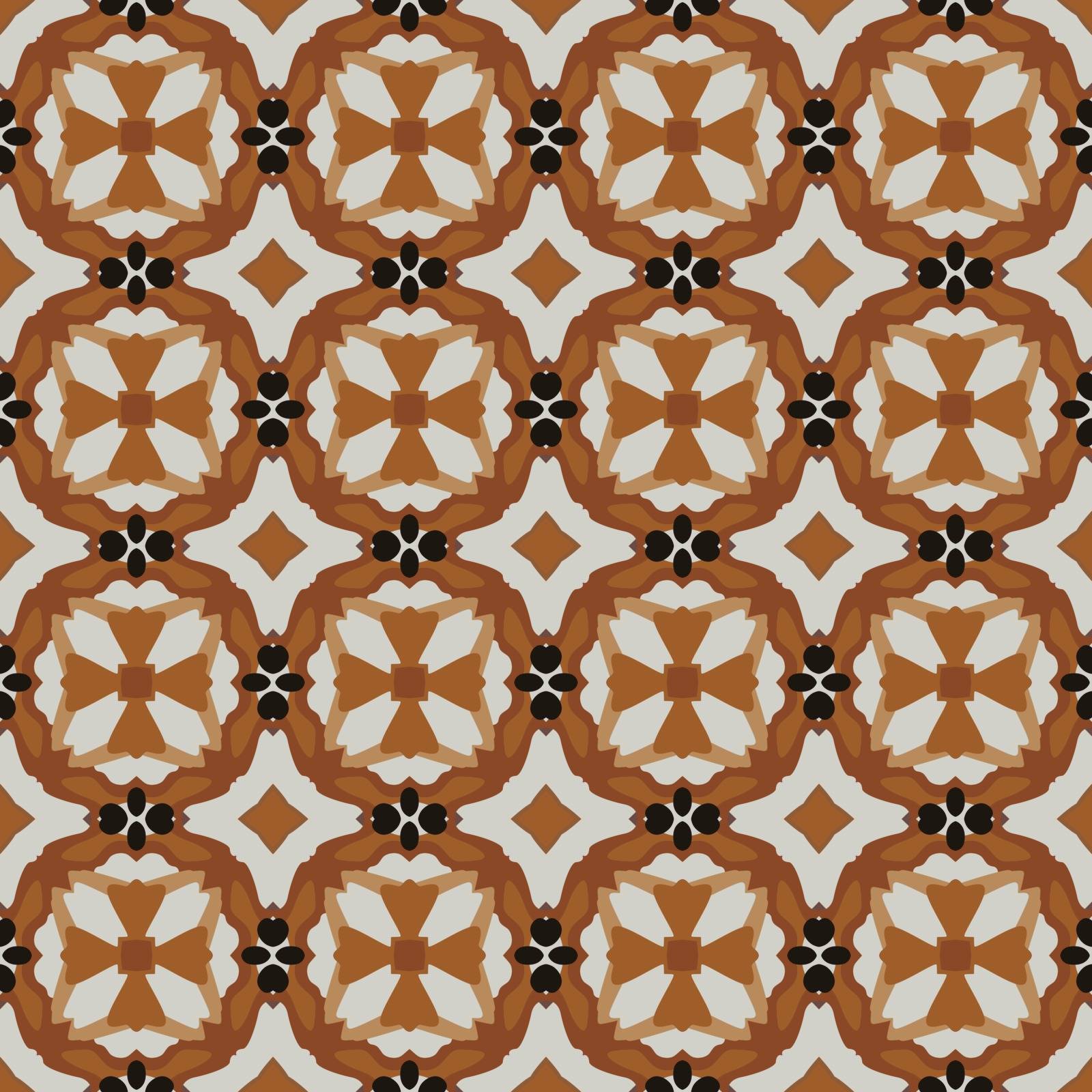 Seamless illustrated pattern made of abstract elements in light gray, shades of brown and black