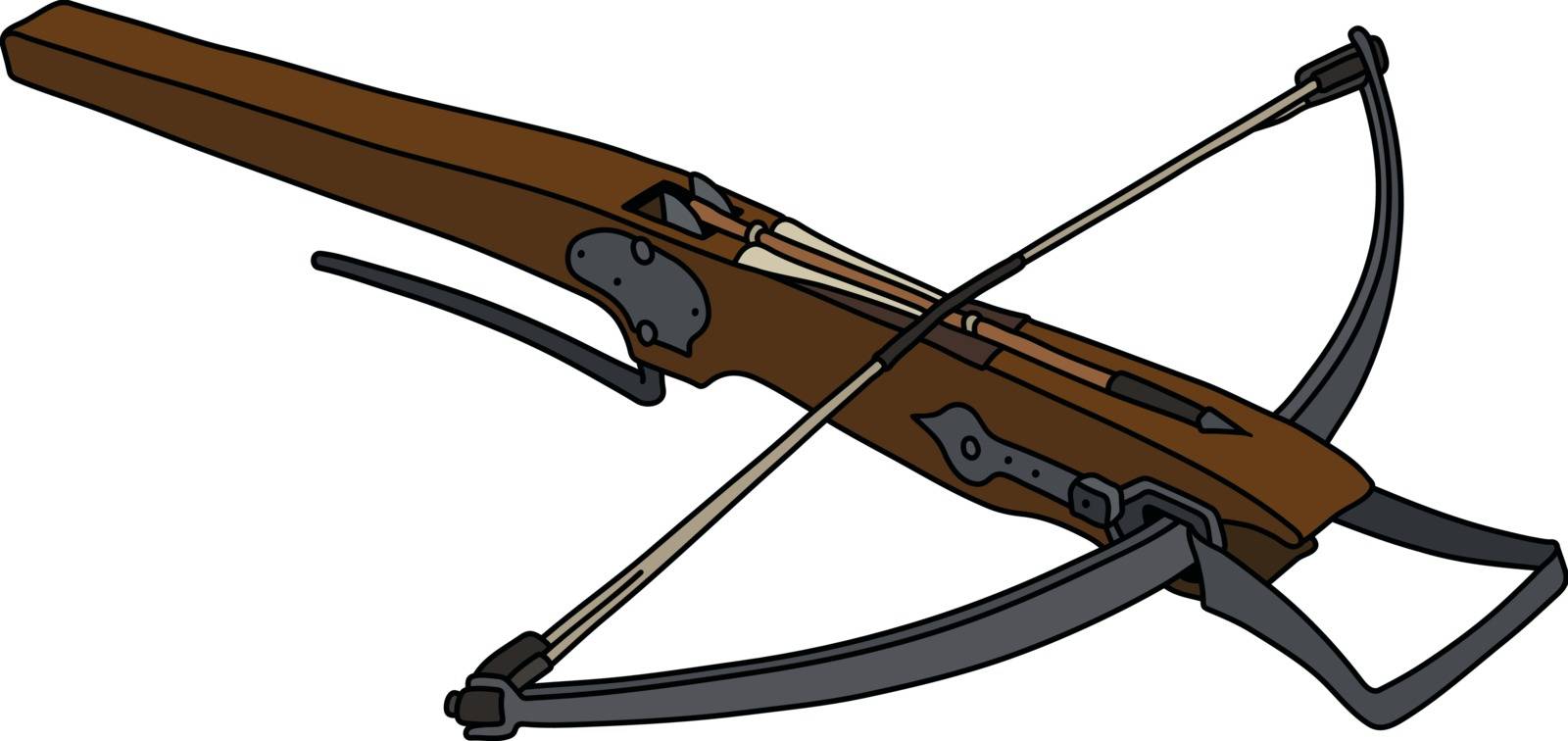 The vectorized hand drawing of a historical wooden crossbow