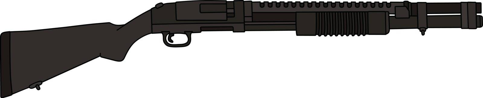 Hand drawing of a classic black repeating pump shotgun