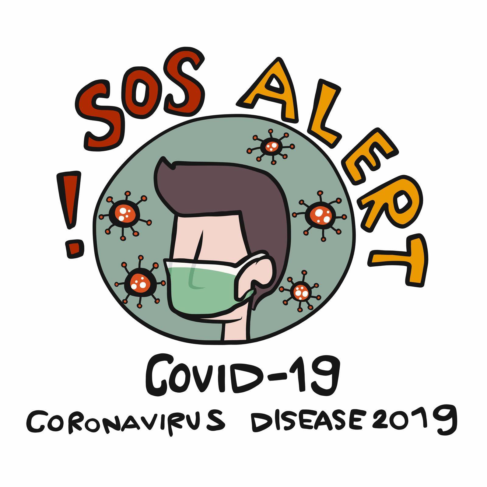 Covid-19 Coronavirus disease 2019 SOS alert with man wear hygienic mask logo cartoon vector illustration