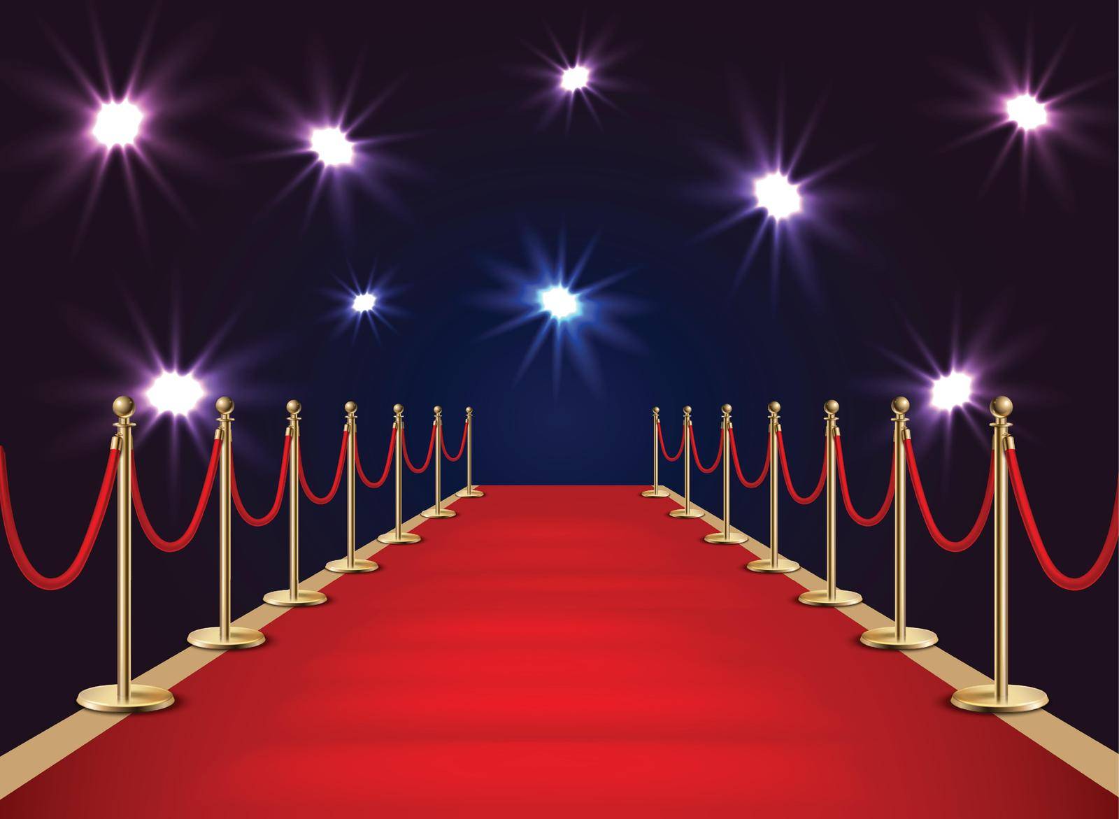 Red carpet and golden barriers realistic 3d vector illustration. VIP event, luxury celebration. Celebrity party entrance.  Grand opening. Cinema premiere. illustration - Vector.