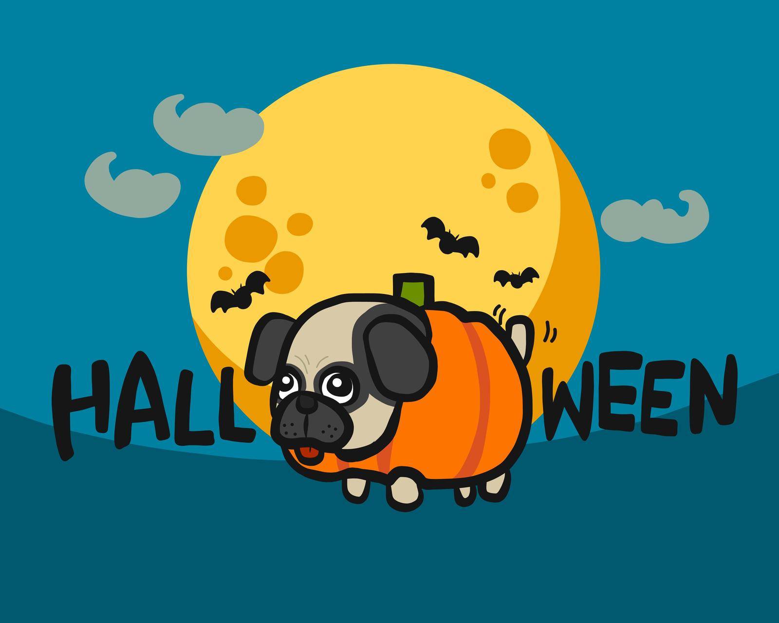 Pug pumpkin Halloween full moon cartoon vector illustration by Yoopho