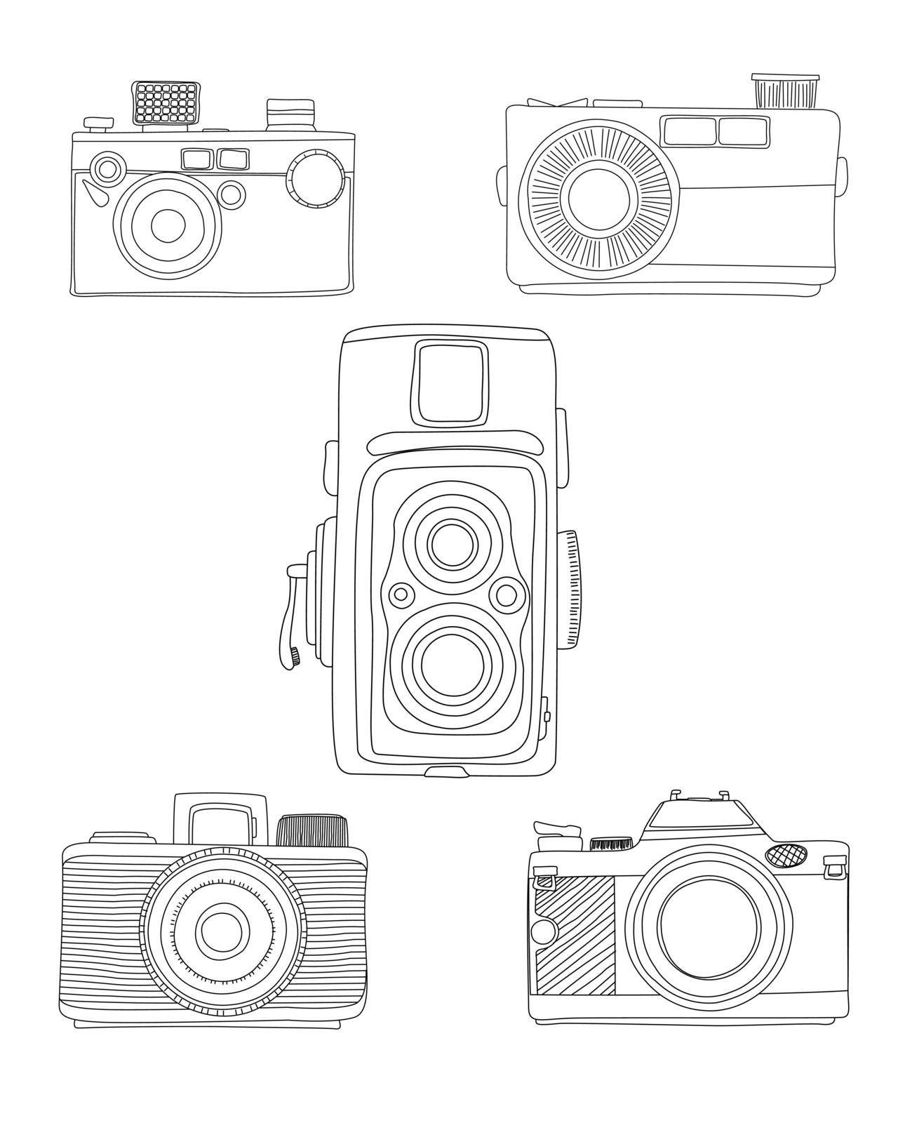 Doodle analog cameras over whitebakcogruns, hand drawn vector
