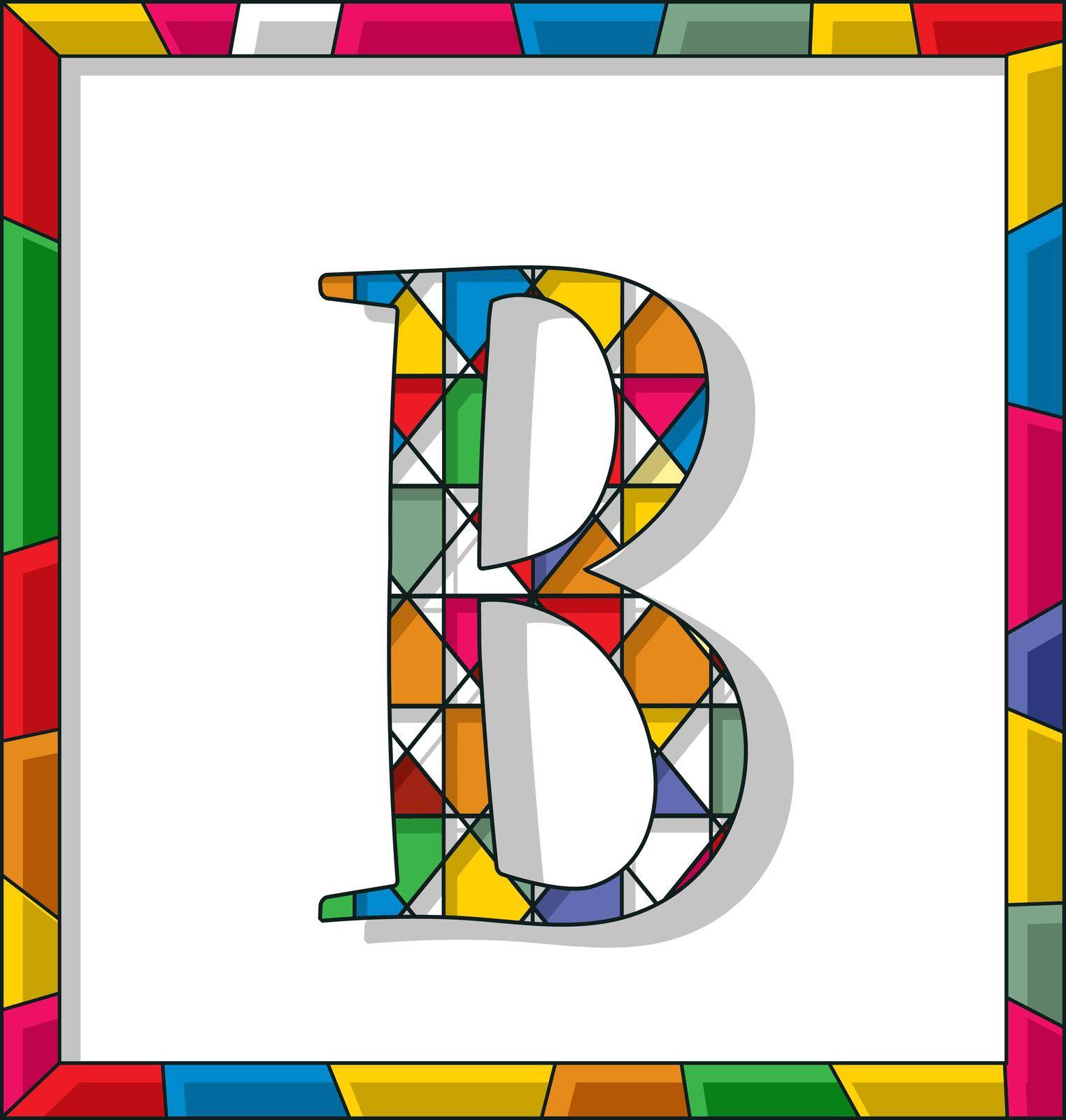 Stained glass letter B over white background, framed vector