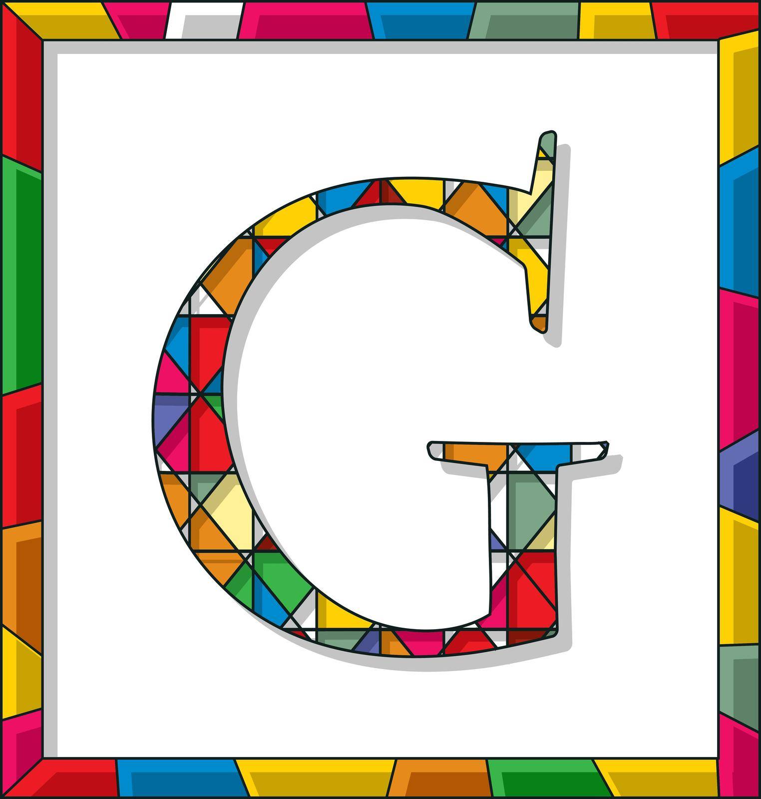 Stained glass letter G over white background, framed vector