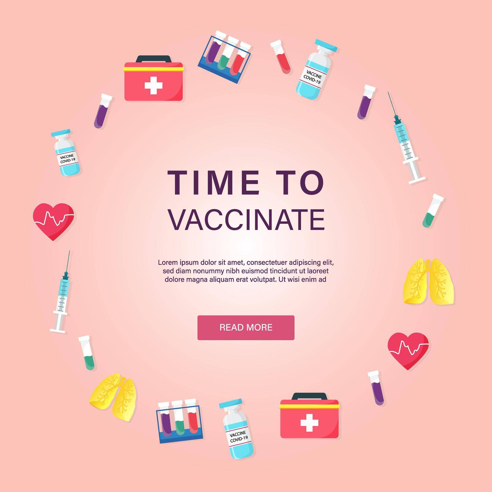 Covid-19 corona virus vaccination poster with syringe, first-aid kit, bottle of vaccine, test tube, lungs, heart. Covid19 immunization. Vaccination for coronavirus concept vector background. by Anna_Tolkacheva