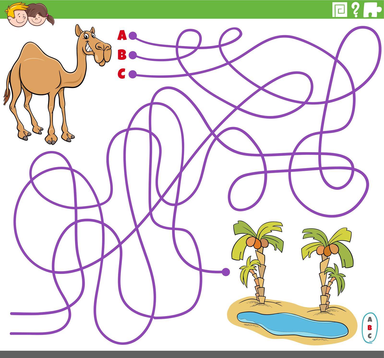 Cartoon illustration of lines maze puzzle game with dromedary camel animal character and oasis