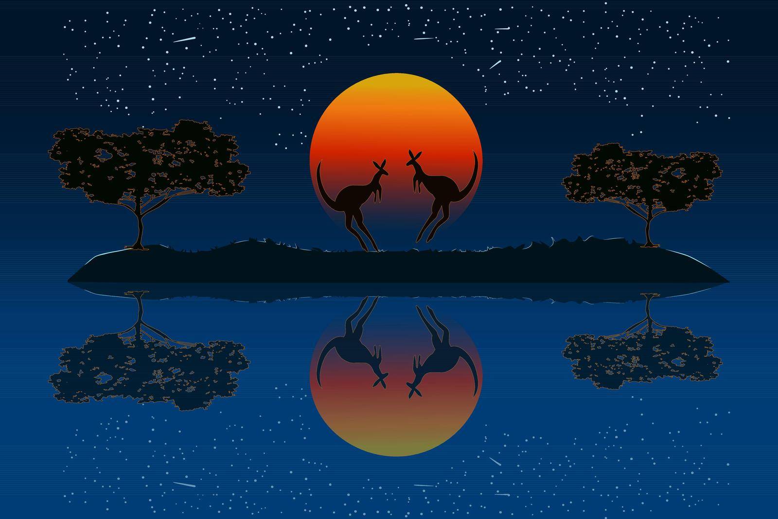 Two kangaroos silhouette near the river water with reflection. Nature of Australia. Reserves and national parks. Australia Day. Stock vector illustration